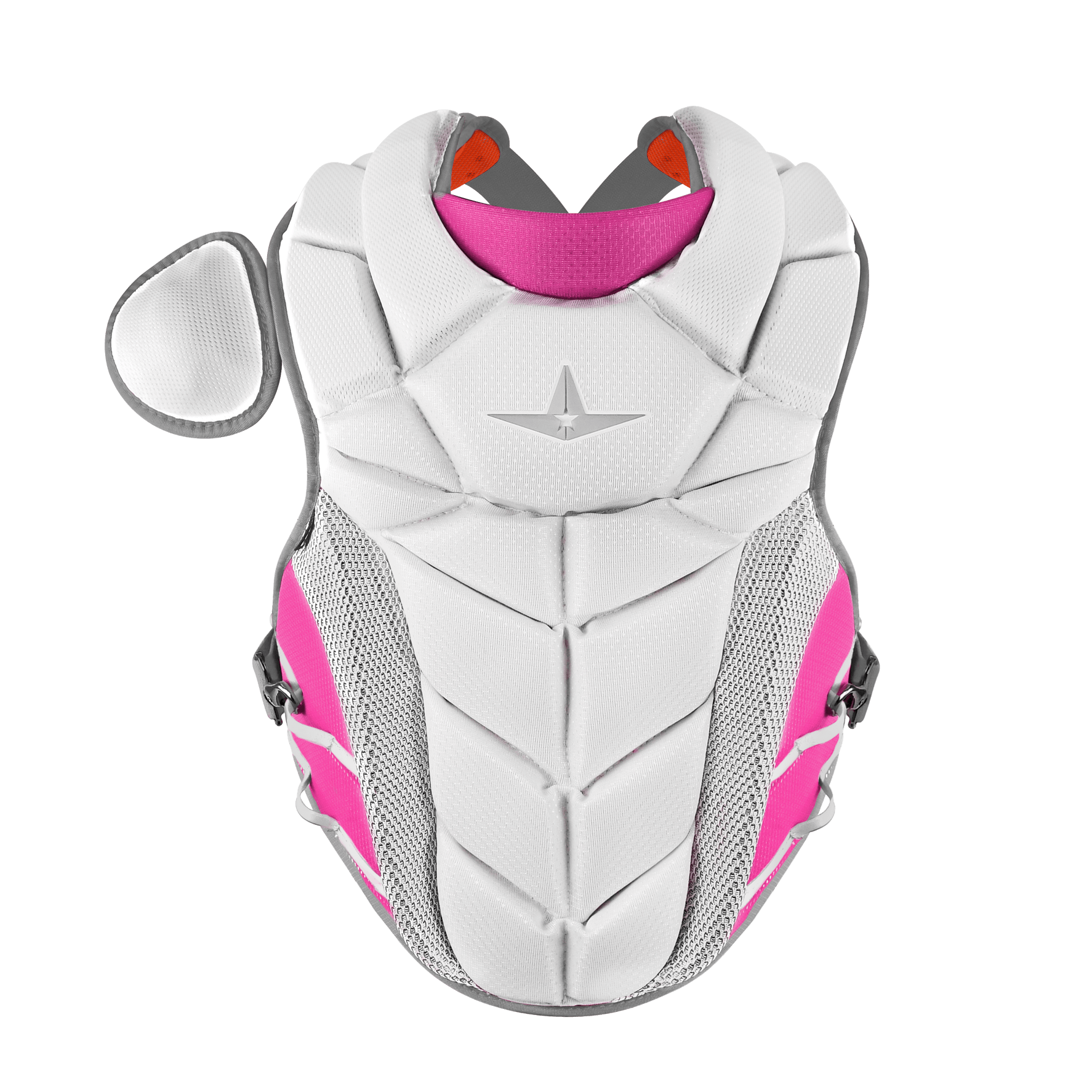 All-Star PHX Mother's Day Pro Series chest protector front view, white and pink with visible logo and padding details.