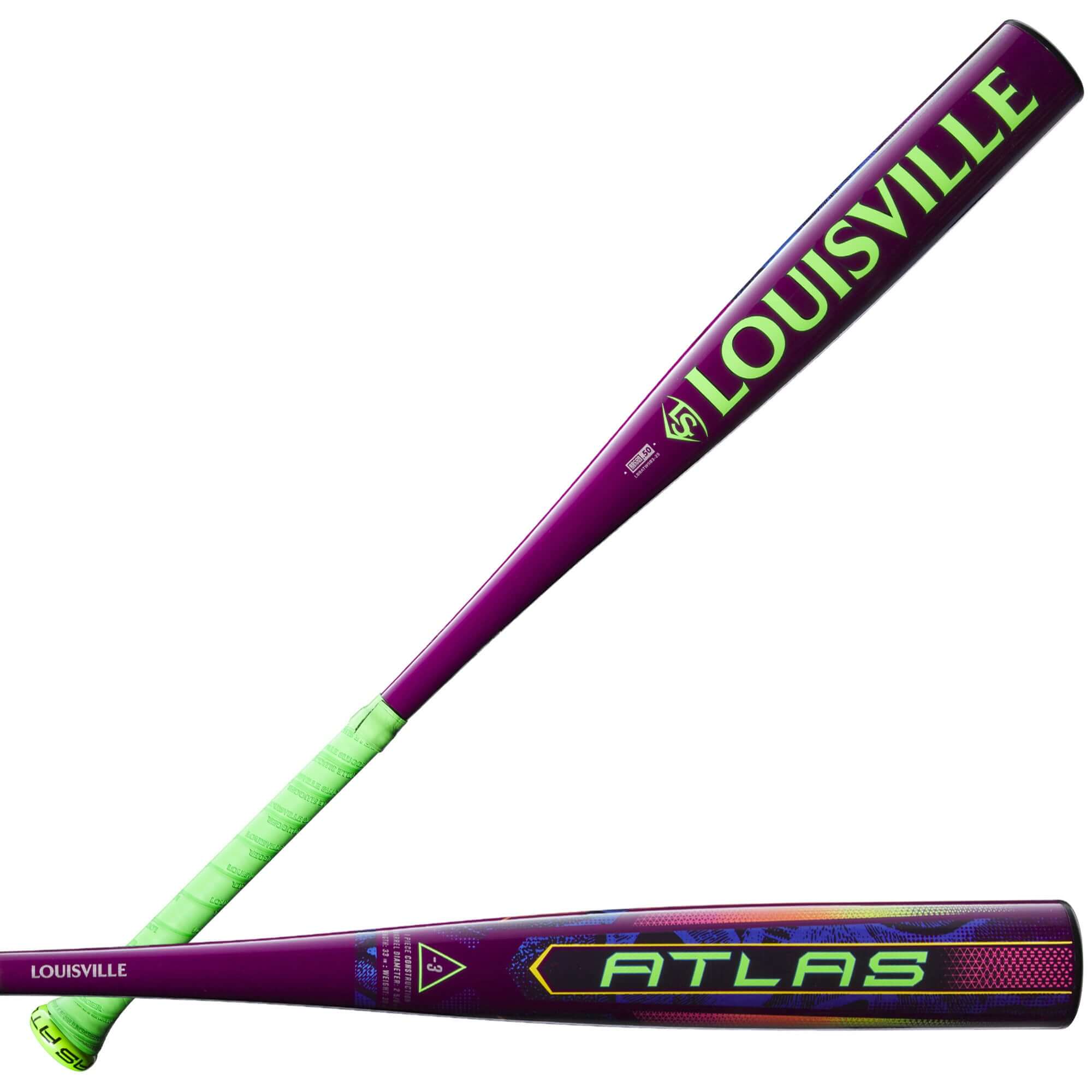 2025 Louisville Slugger Atlas CWS (-3) BBCOR Baseball Bat in vibrant purple and neon design.