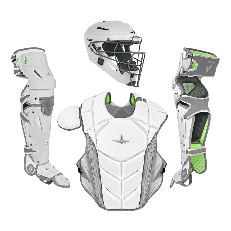 All-Star MVP-PRO™ Series Adult Catcher's Kit featuring helmet, chest protector, leg guards, and throat guard. NOCSAE approved.