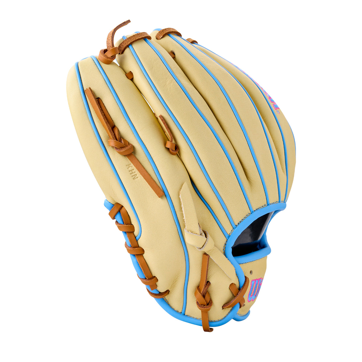 Wilson 2027 A1000 1786 11.5" Infield Baseball Glove in tan, blonde, and blue colorway, right-hand throw, suitable for infield positions.