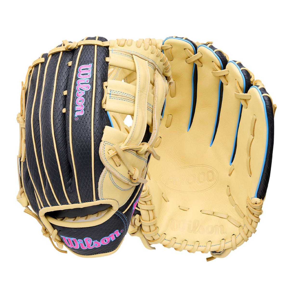 Wilson 2027 A1000 1750SS 12.5” Outfield Baseball Glove in Blonde, Black, and Flamingo Pink colors.