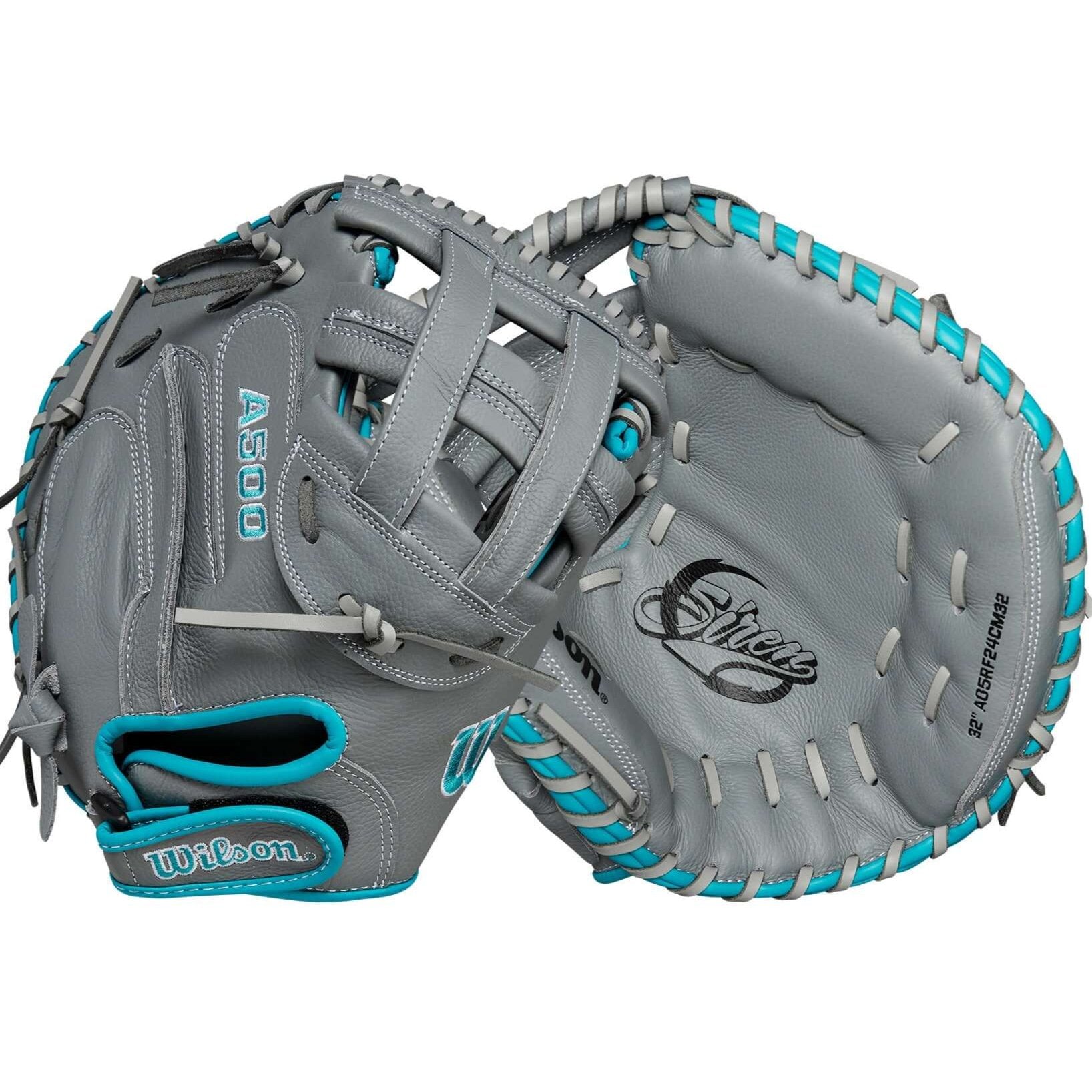 Wilson 2024 A500 Siren 32" youth catcher’s mitt in grey, teal, and white with dual post web design and quick fit wrist system.