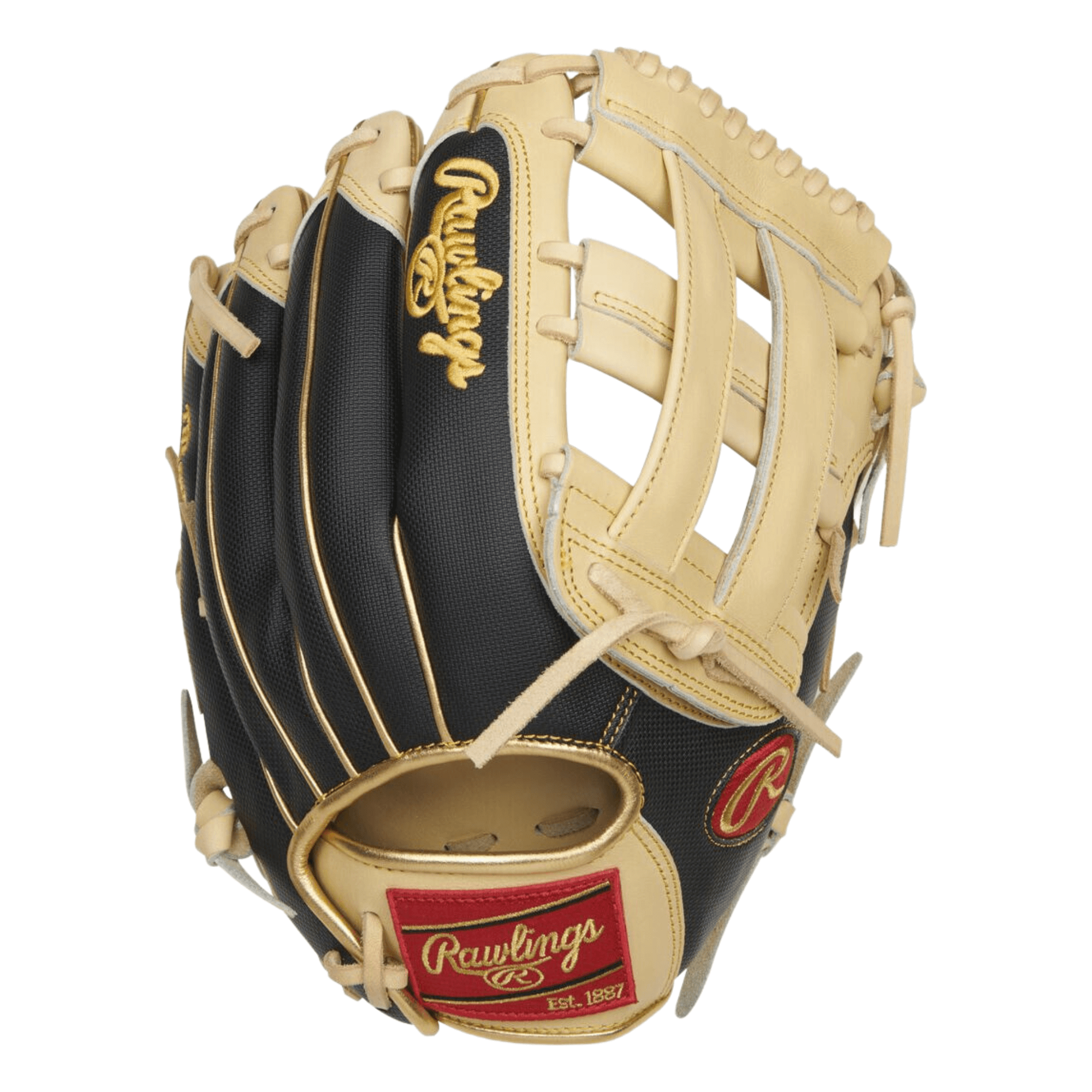 Rawlings 12.5-inch Heart Of The Hide R2G Contour Fit Outfield Glove in black and tan, designed for improved fit and control.