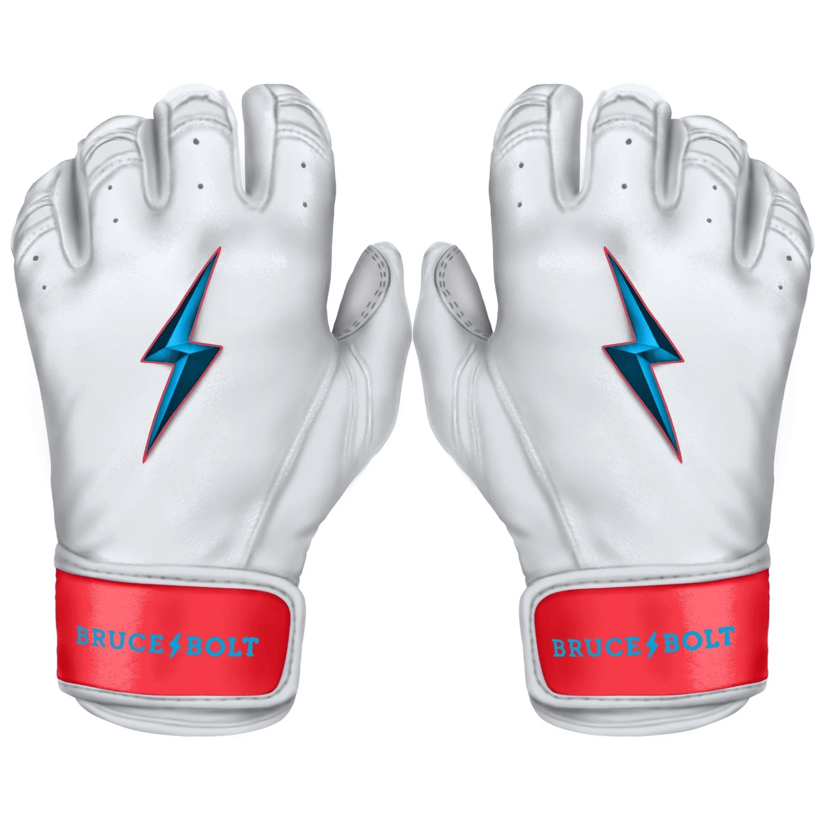Bruce Bolt Youth Premium Pro Brinson Series Short Cuff Batting Gloves in white with blue lightning design and red accents.