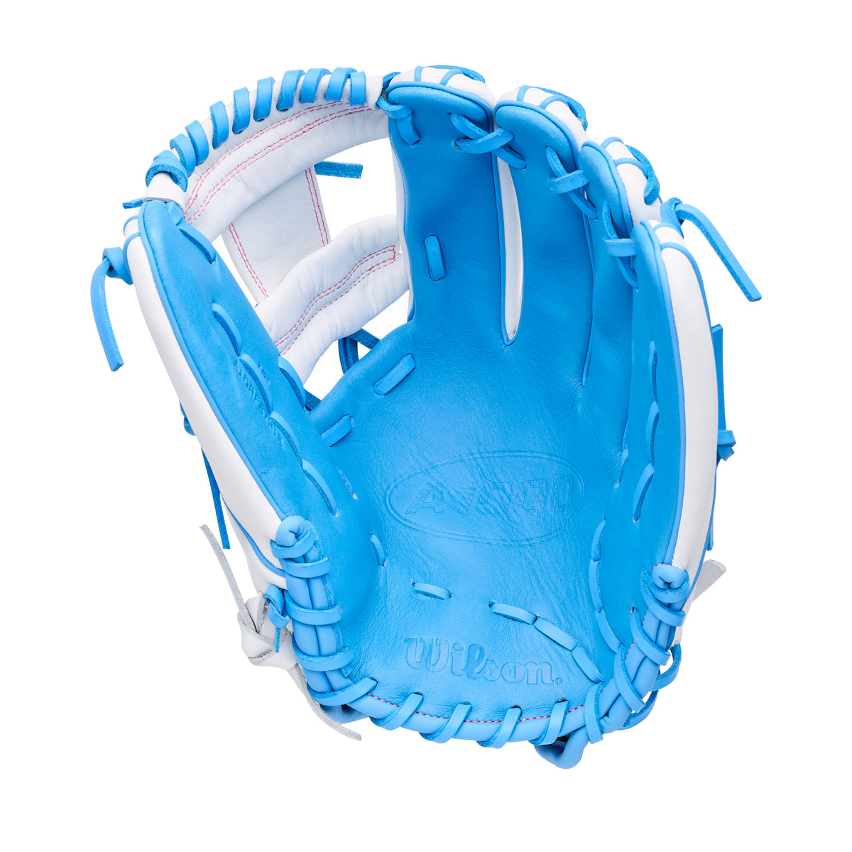 Wilson 2027 A1000 H12 Fastpitch Glove in blue, showcasing open palm and H-Web design for infielders.