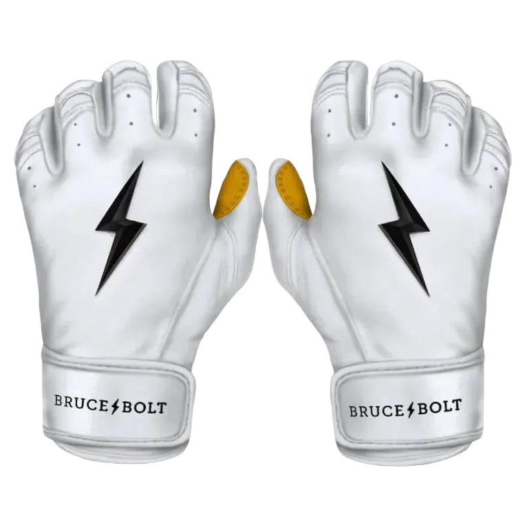 Bruce Bolt youth premium pro short cuff batting gloves in white with black lightning design. Durable Cabretta leather for superior feel.