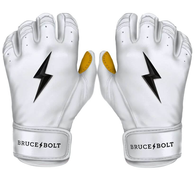 Bruce Bolt youth premium pro short cuff batting gloves in white with black lightning design. Durable Cabretta leather for superior feel.