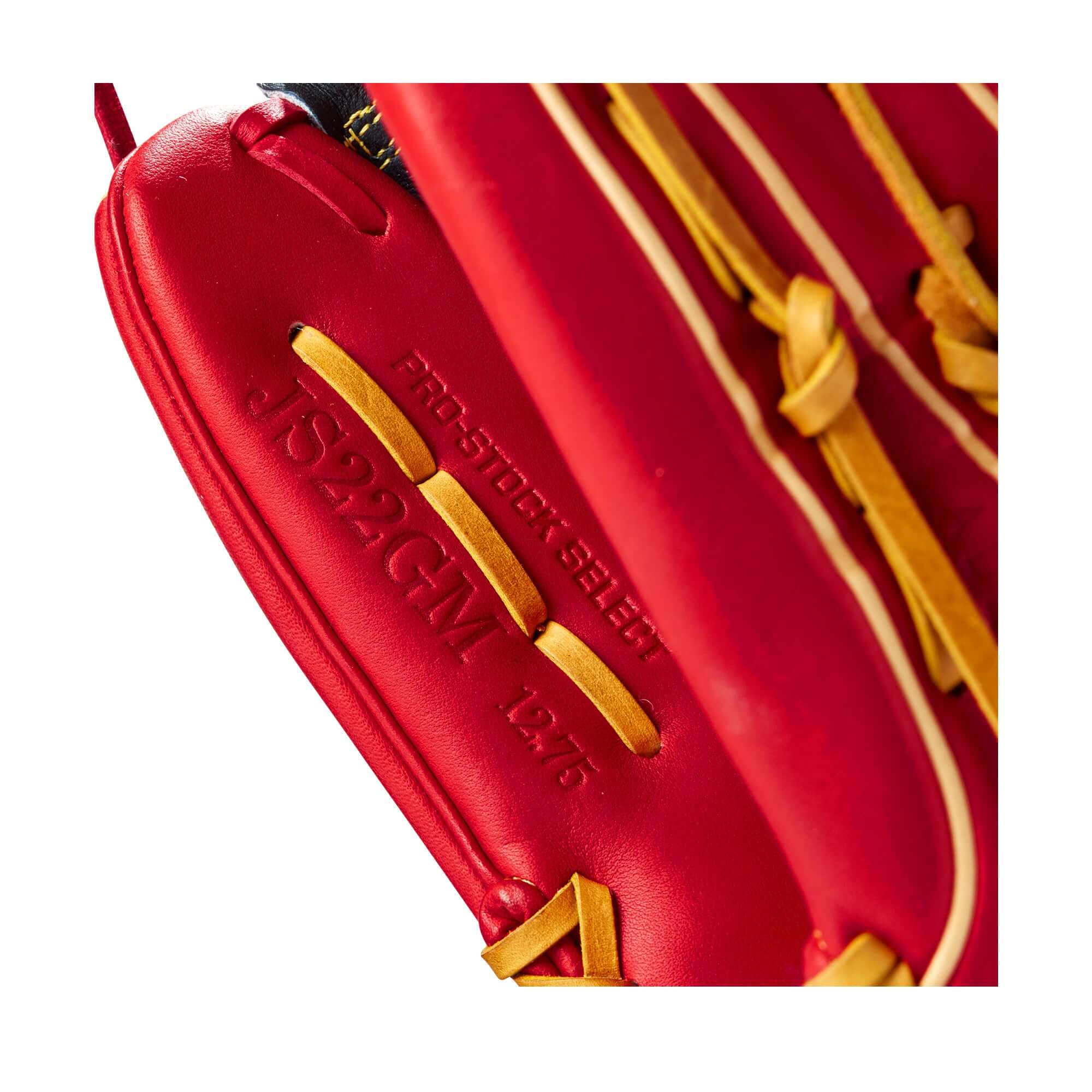 Close-up of the Wilson 2022 A2K JS22 GM baseball glove showing Pro Stock Select leather and JS22GM label.