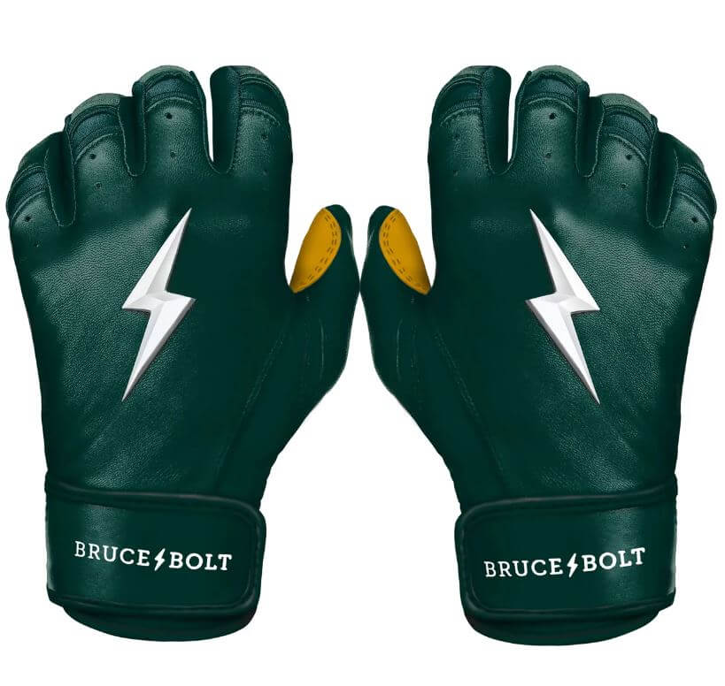Bruce Bolt Youth Premium Pro Short Cuff Batting Gloves in Green featuring a lightning logo and reinforced palm for durability.