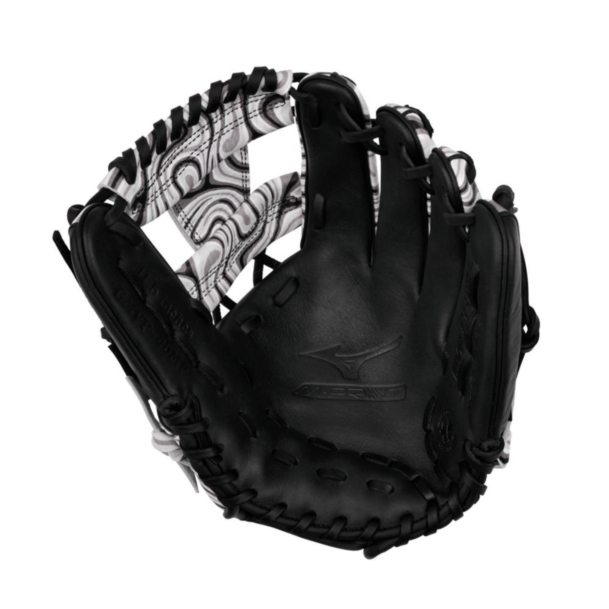 Palm view of Mizuno MVP Prime M-Print 11.5" Oil Slick infield glove with BioSoft leather and centered pocket under index finger