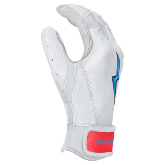 Bruce Bolt Premium Pro Brinson Series short cuff batting glove in white with blue and red accents.