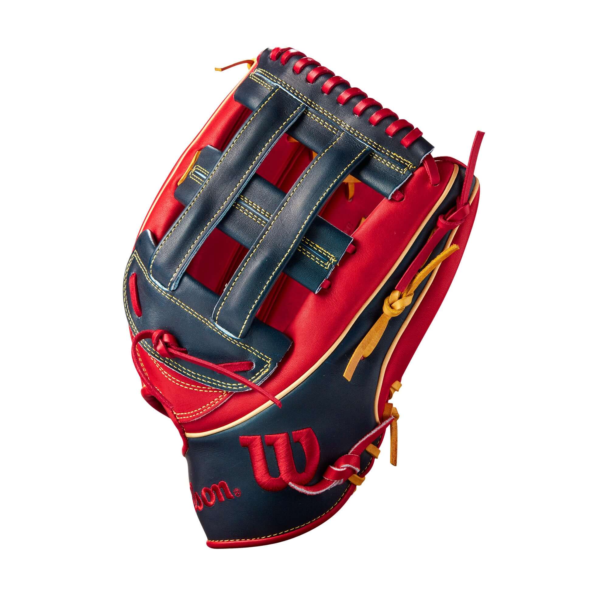 Wilson 2022 Juan Soto A2K JS22 GM 12.75" LHT Outfield Baseball Glove in red and black with dual post web design.
