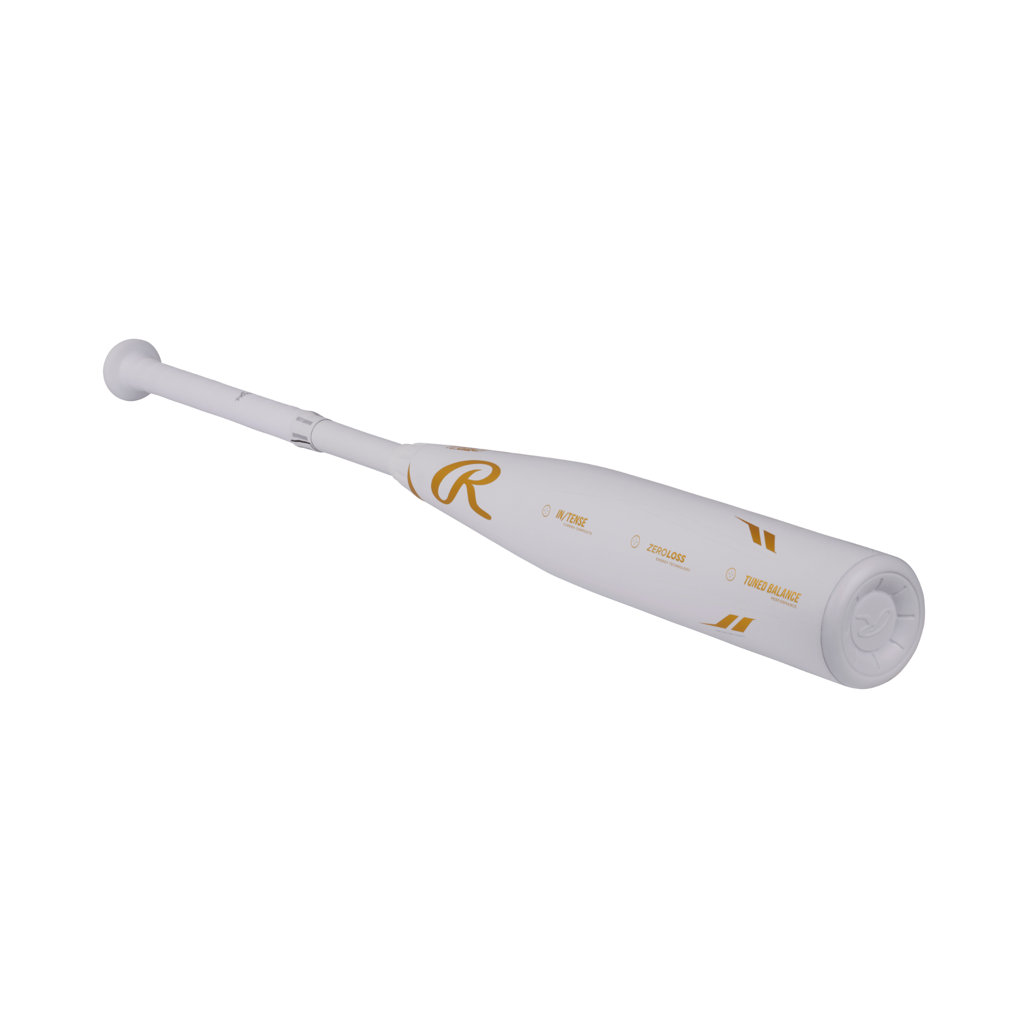 Side profile view of the Rawlings Icon -5 (2 3/4" Barrel) USSSA Youth Baseball Bat, white with gold graphics and visible end cap.