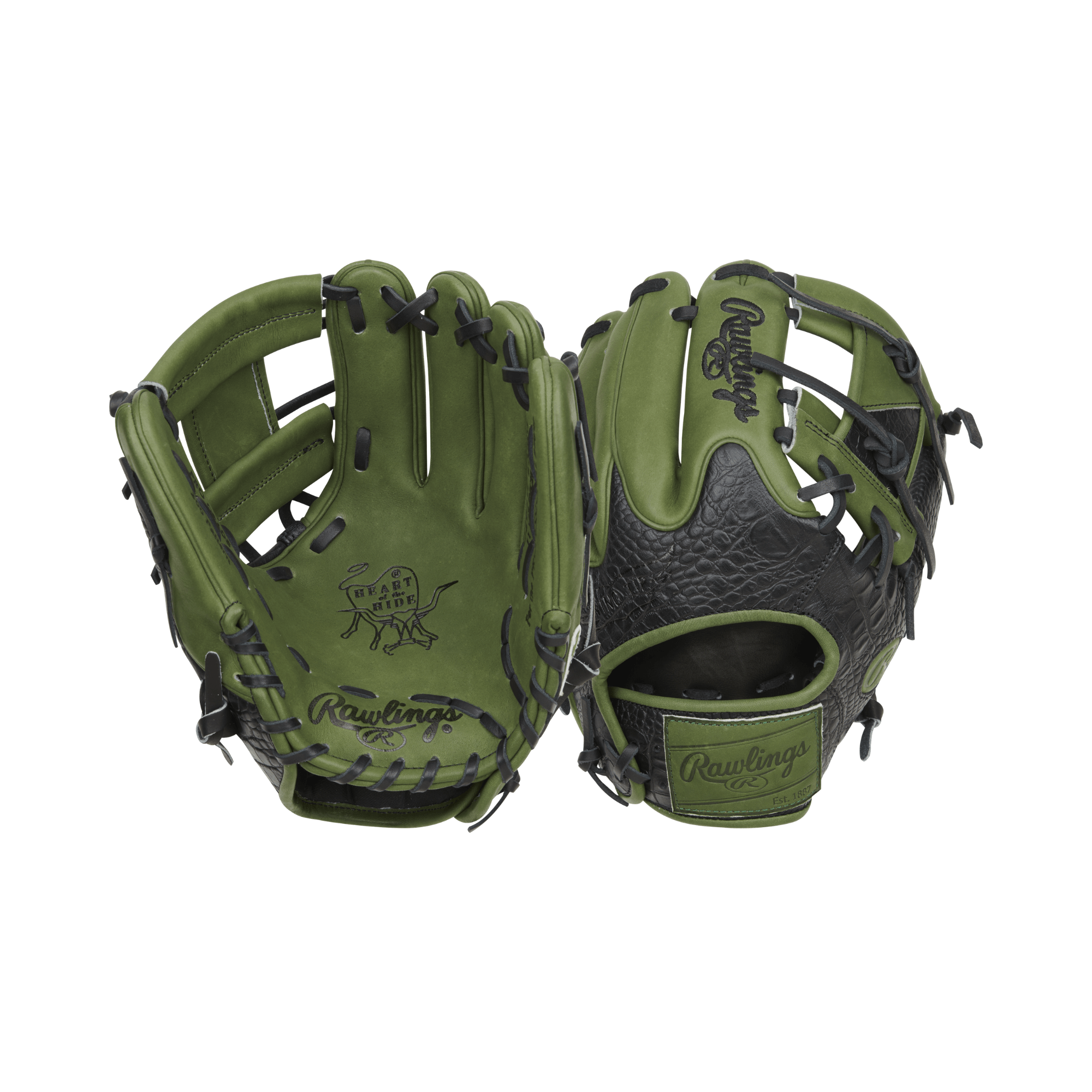 Rawlings Heart Of the Hide Color Sync 8.0 baseball glove in military green and black, featuring unique Wing-Tip trim.