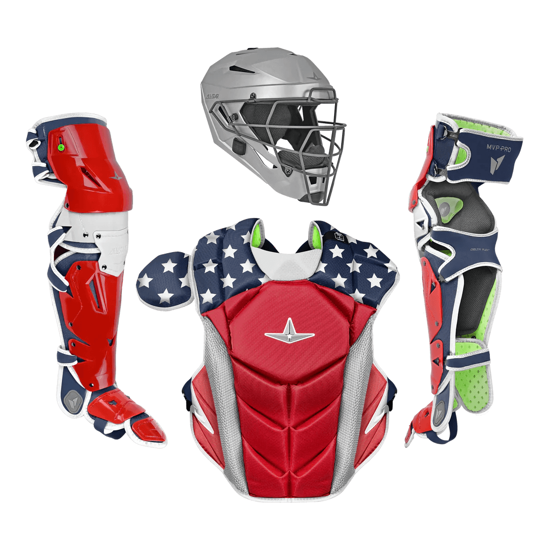 All-Star MVP-PRO™ Series Adult Catcher's Kit with patriotic colors, including helmet, chest protector, and leg guards.