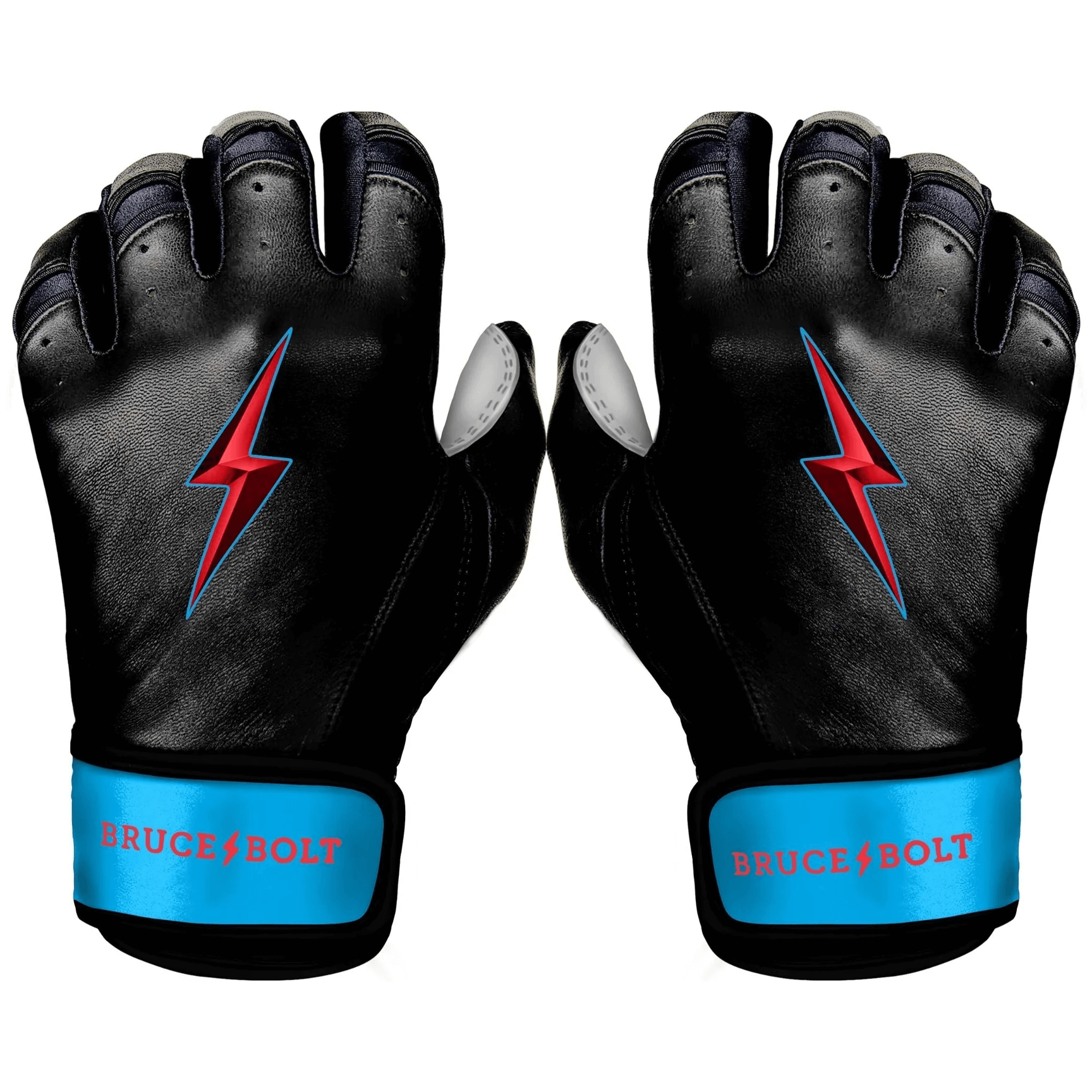 Bruce Bolt Premium Pro Brinson Series Black Short Cuff Batting Gloves with red lightning logo and blue wrist strap.