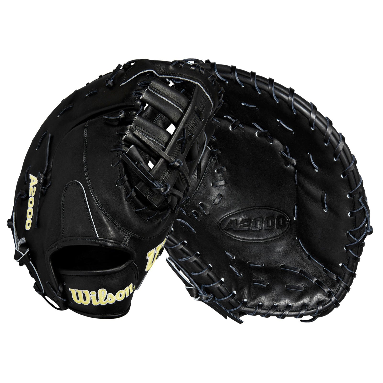 Wilson 2024 A2000 1679 Glove Day Black 12.5” LHT first base mitt front and back view.
