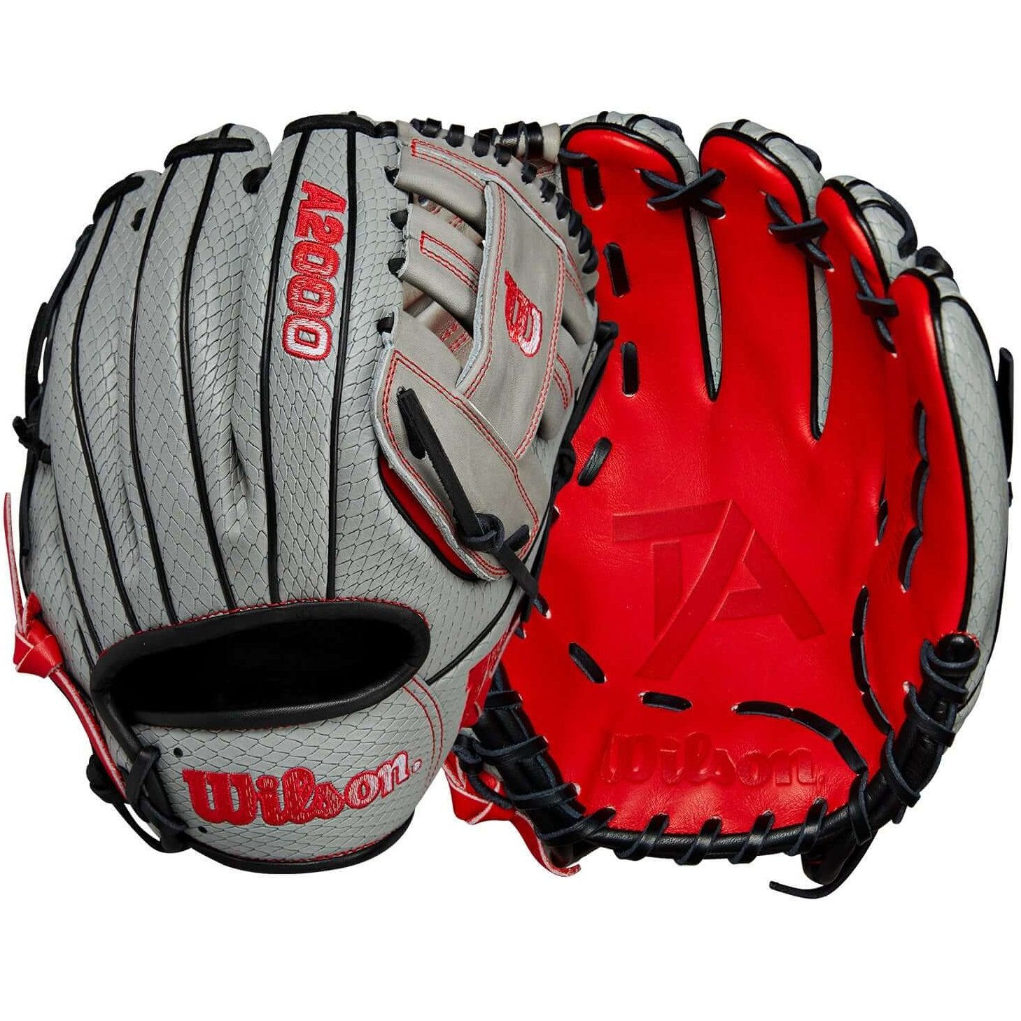 Wilson 2024 A2000 Tim Anderson 11.5" infield baseball glove with grey and red design, featuring reinforced H-Web and lightweight construction.
