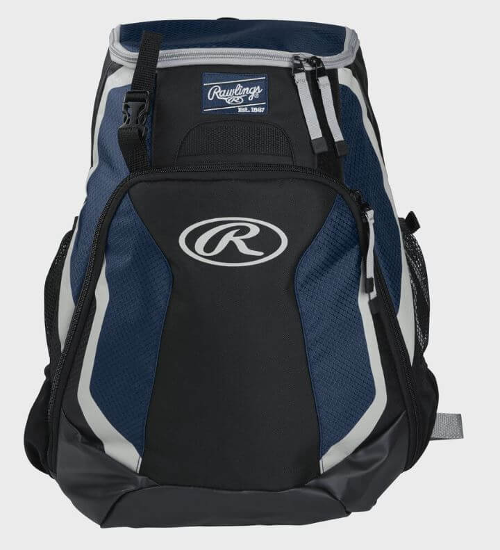 Front view of Rawlings Players Backpack in black and navy with logo and zippered compartments.