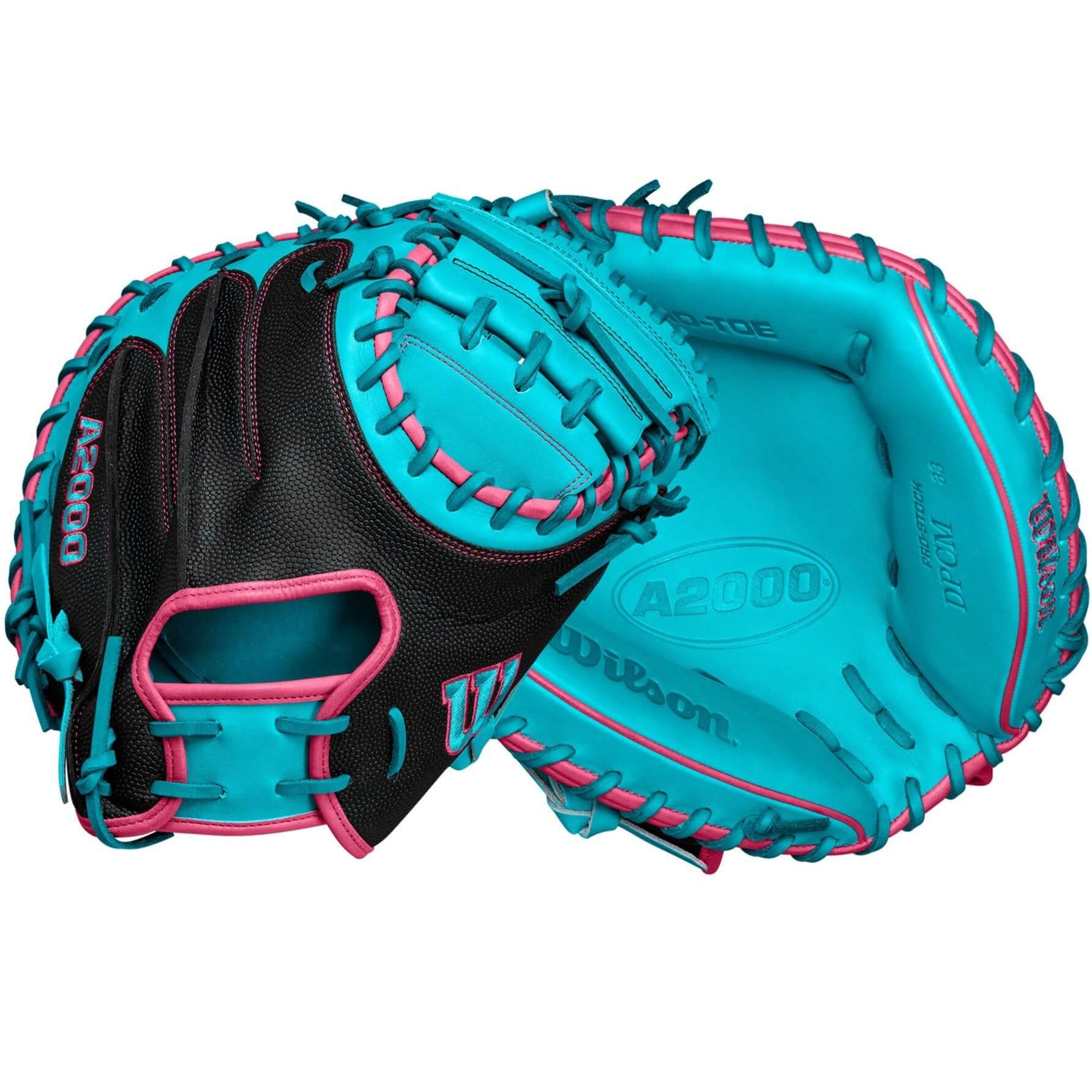 Wilson A2000 CM33 catcher’s mitt in black and teal, featuring a Half Moon Web design and Pro Stock leather for optimal control.
