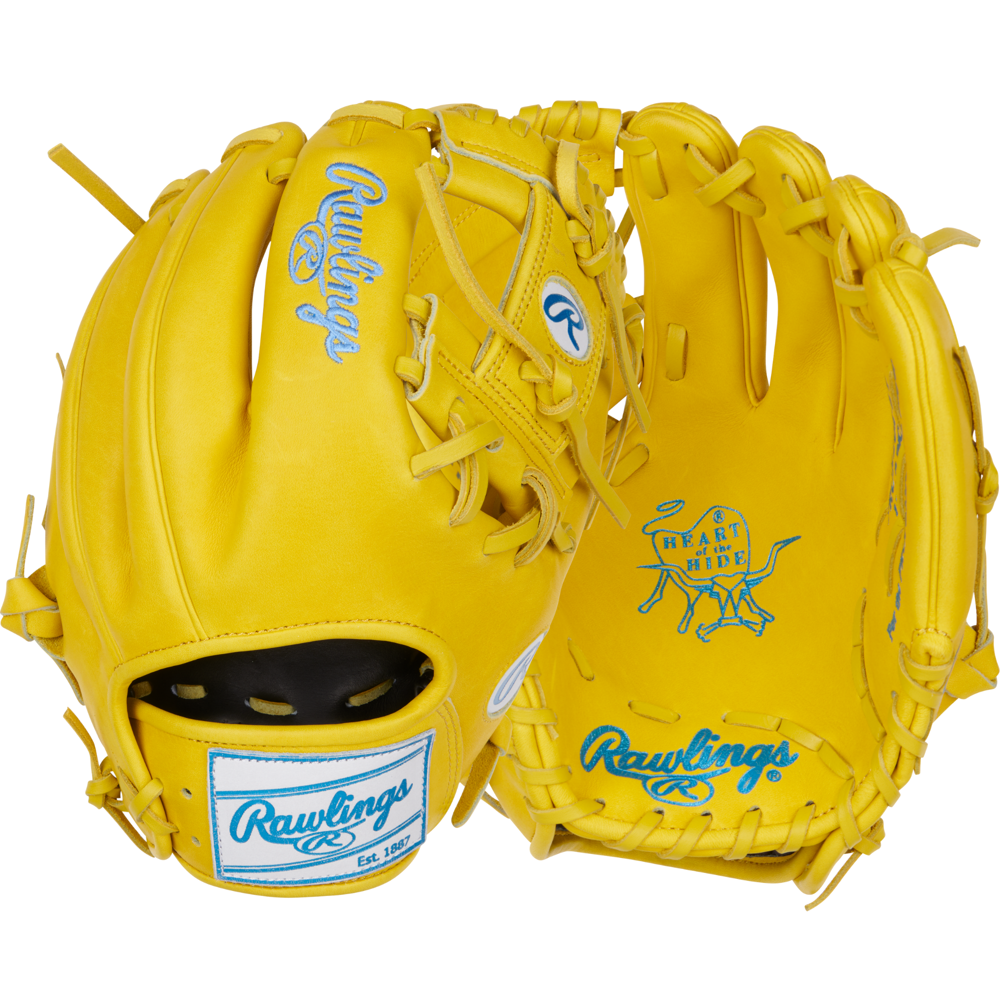 Back and palm view of Rawlings 11.5'' Colorsync Infield Glove in bright yellow with blue accents