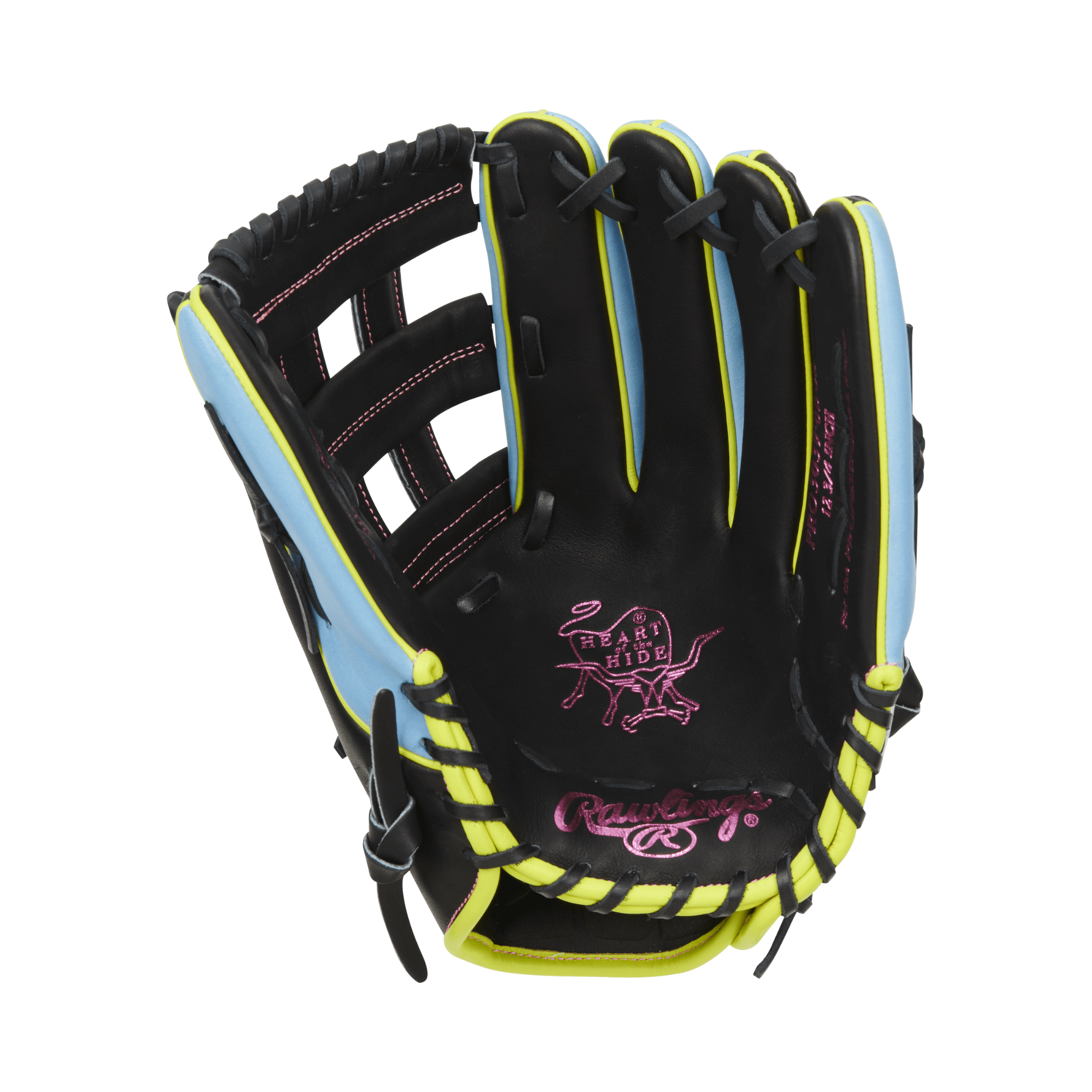 Rawlings Heart of the Hide Color Sync 8.0 Limited Edition 12.75" outfield glove in black and blue with pink accents.