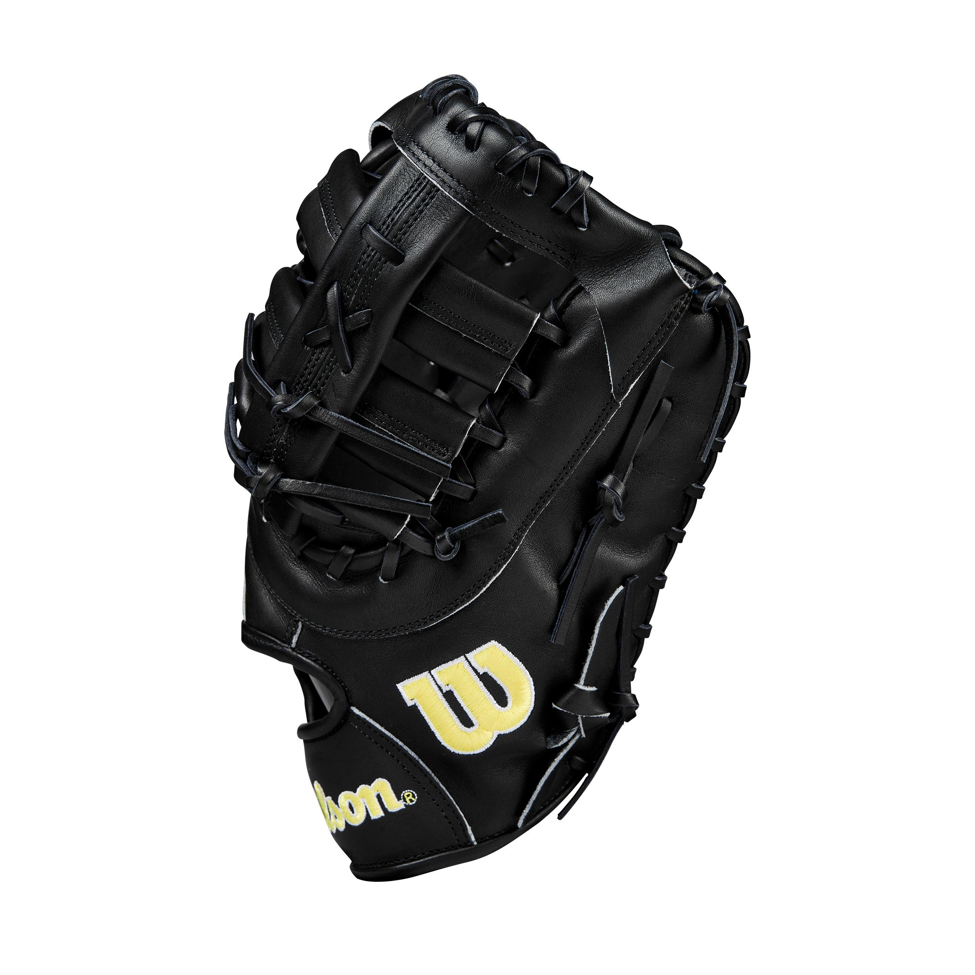 Wilson 2024 A2000 1679 Glove Day Black 12.5” mitt close-up thumb detail with Pro Stock leather.