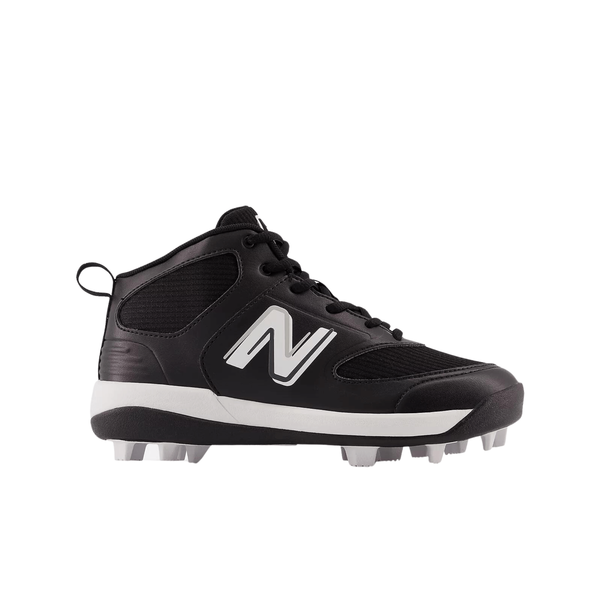 New Balance Kids' 3000v6 Black baseball cleats with rubber molded outsole for support and traction on the field.