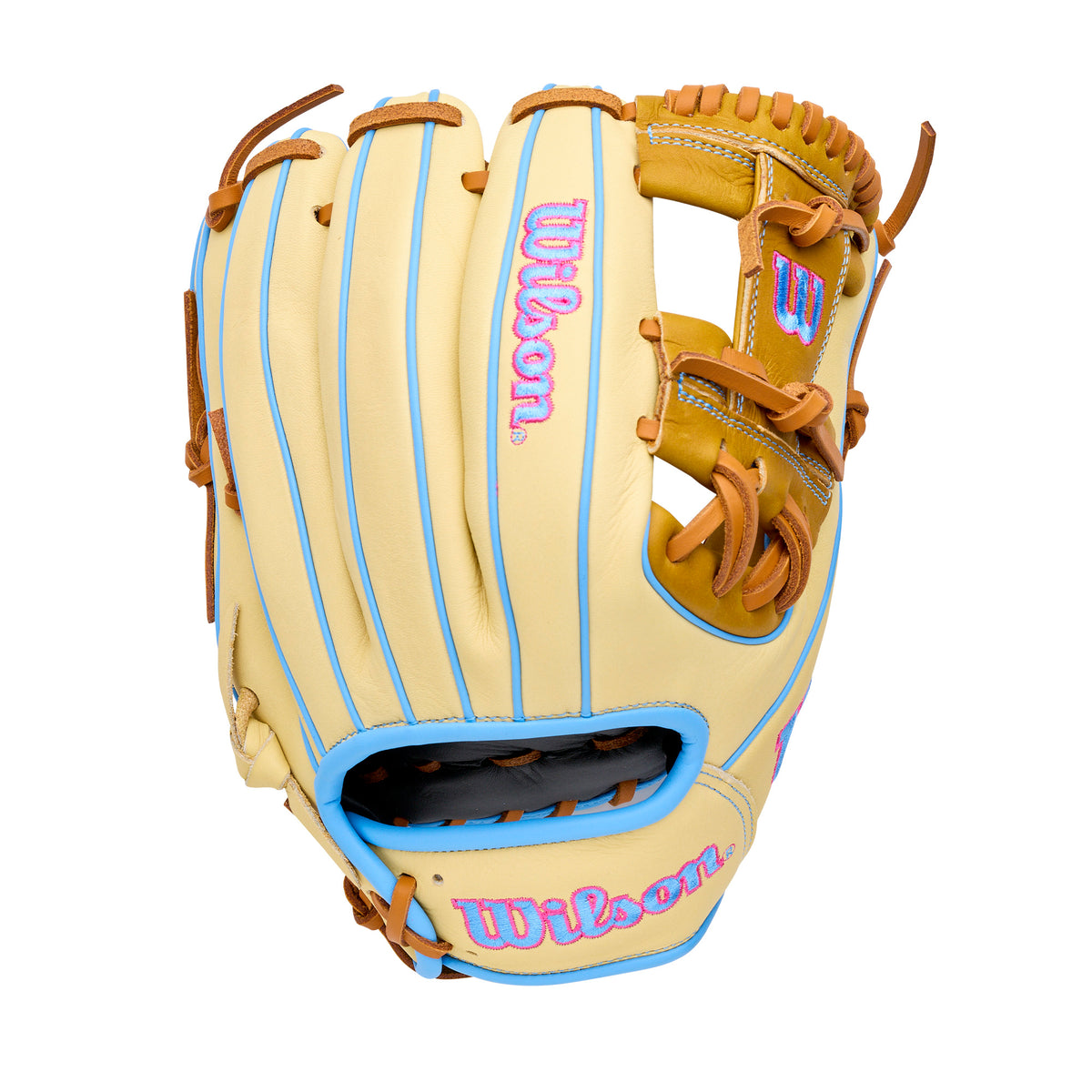 Wilson 2027 A1000 1786 11.5" infield baseball glove in Saddle Tan, Blonde, Cool Blue for right-hand throw, ideal for infield positions.