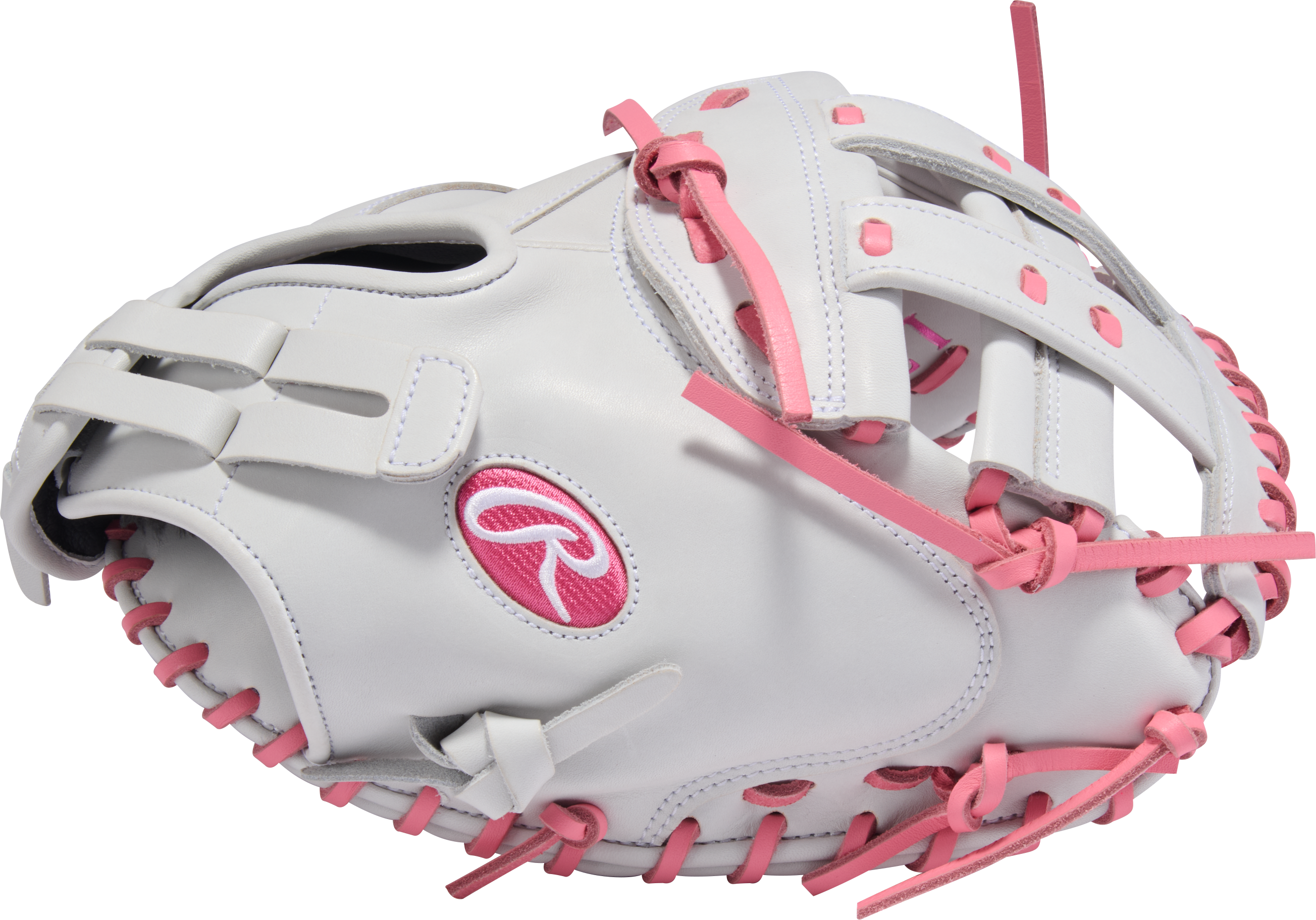 Rawlings Liberty Advanced 33" Fastpitch Catcher's Mitt back and thumb view in White/Pink