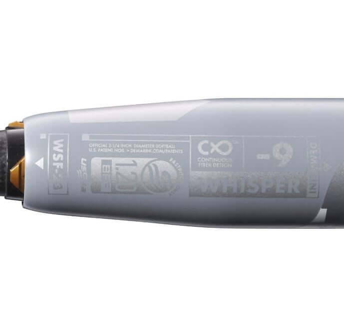 DeMarini 2023 Whisper (-9) Fastpitch Bat profile showing continuous fiber composite barrel technology.