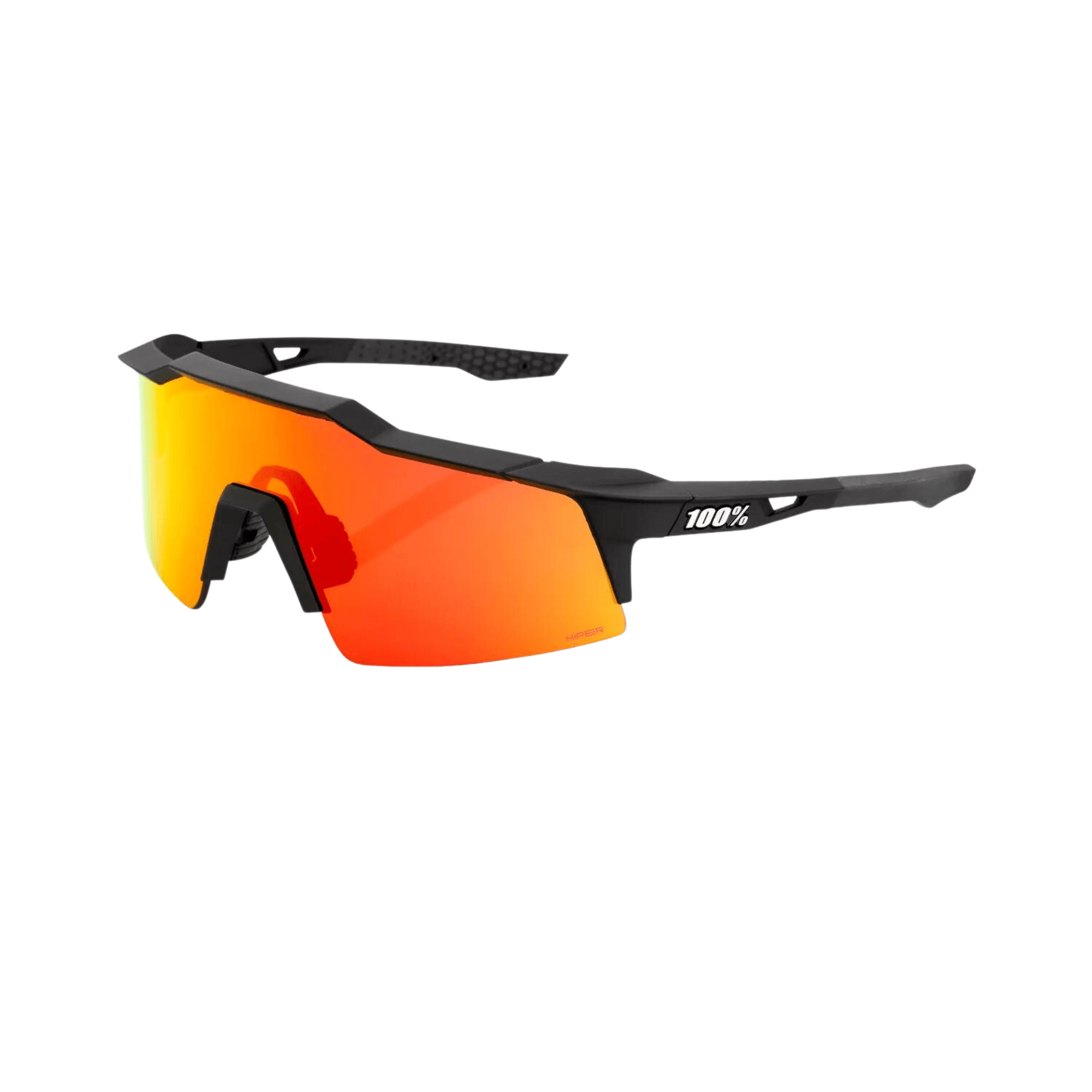 100% Speedcraft SL sunglasses with black frame and red multilayer mirror lens, designed for high visibility and UV protection.