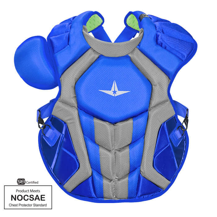 All-Star S7 Axis Adult chest protector in blue, featuring NOCSAE certification and lightweight, breathable design.