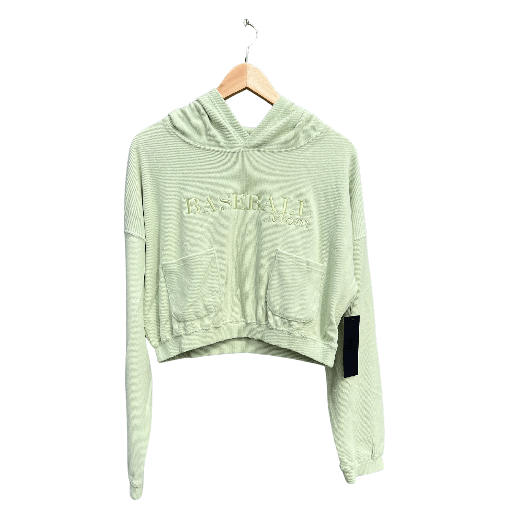 Front view of green Baseball Mom Hoodie Cutoff with two front pockets, hanging on a wooden hanger.