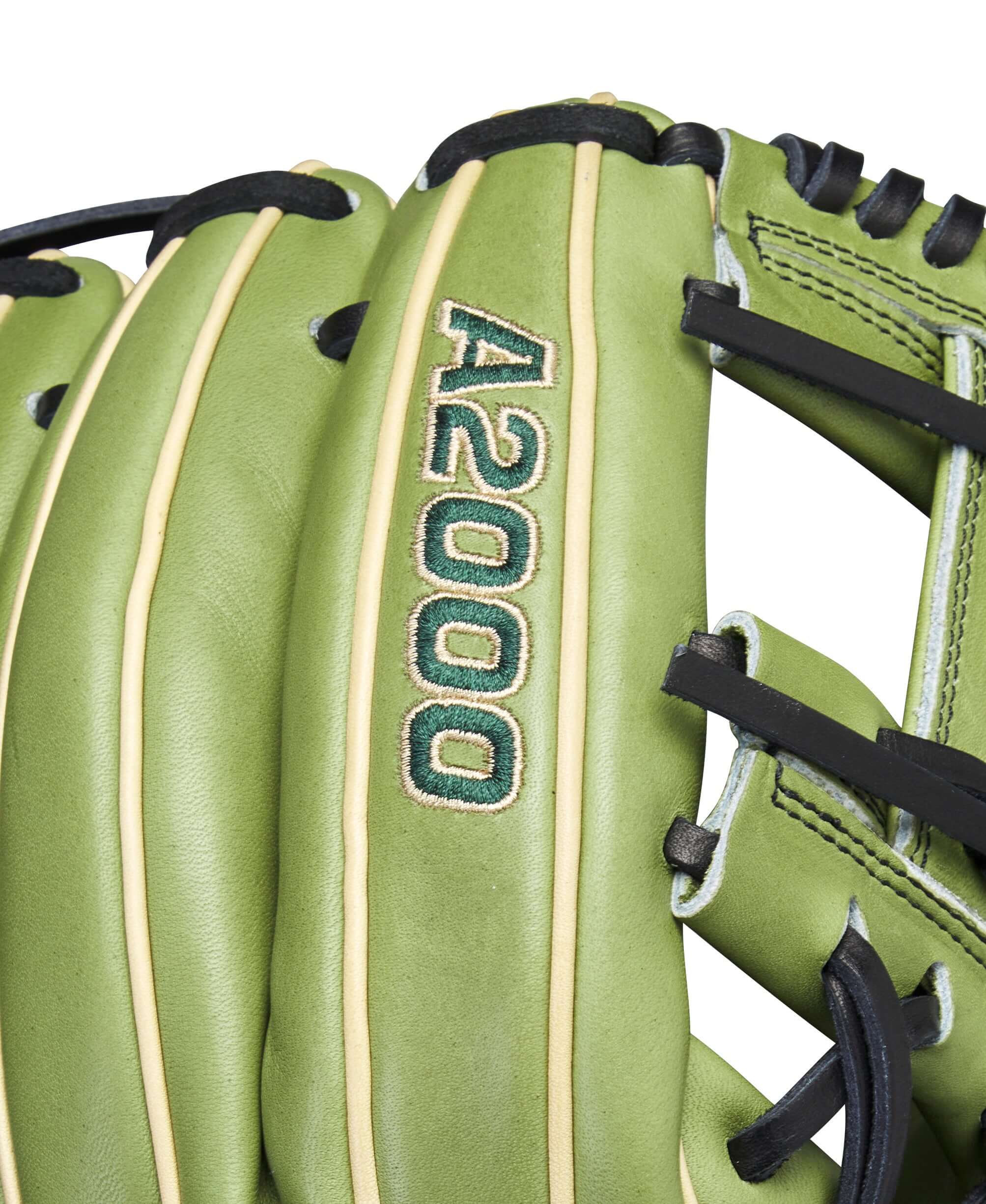 Close-up of Wilson A2000 glove with olive green leather and bold A2000 branding for enhanced style and performance.