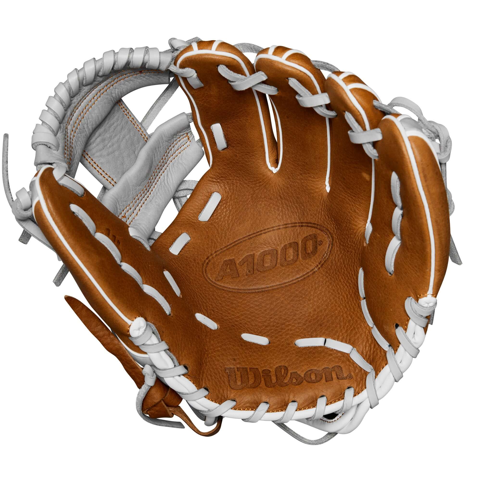 Wilson 2024 A1000 PF11 infield baseball glove, saddle tan color with white lacing, designed for smaller hands.