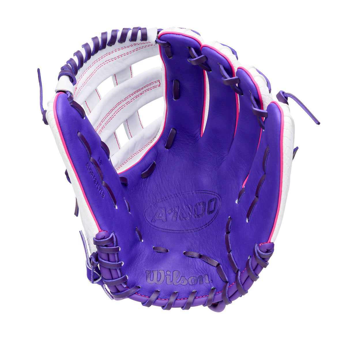 Wilson 2027 A1000 FP1712SS 12” Utility Fastpitch Softball Glove, purple and white design, for infield and outfield versatility.