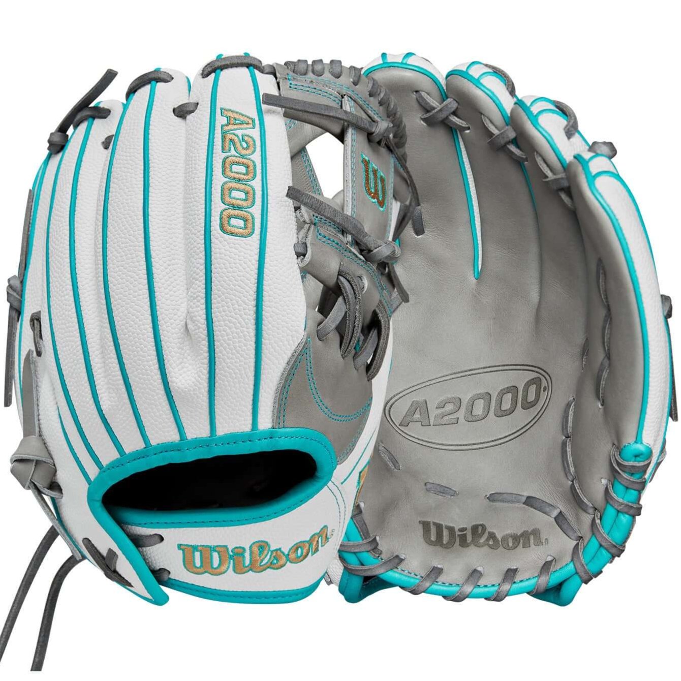Wilson 2024 A2000FP H75 fastpitch glove in black, grey, teal with classic H-Web design, ideal for quick plays in softball.