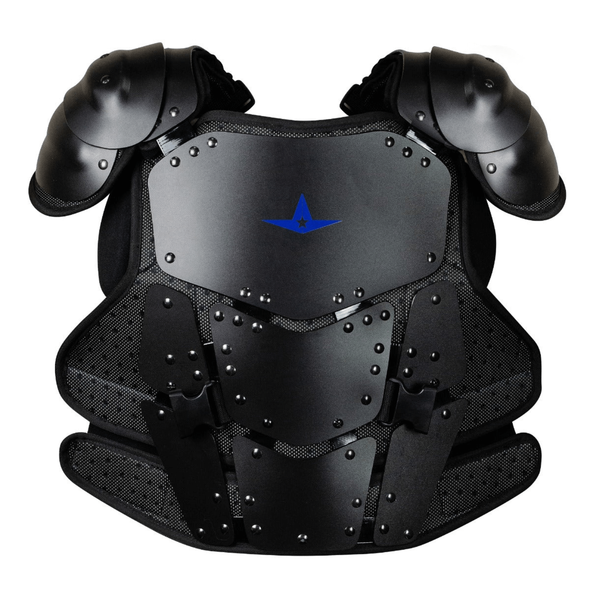 All-Star Cobalt hardshell umpire chest protector with pre-curved armor plates and shoulder protection for superior safety during games.