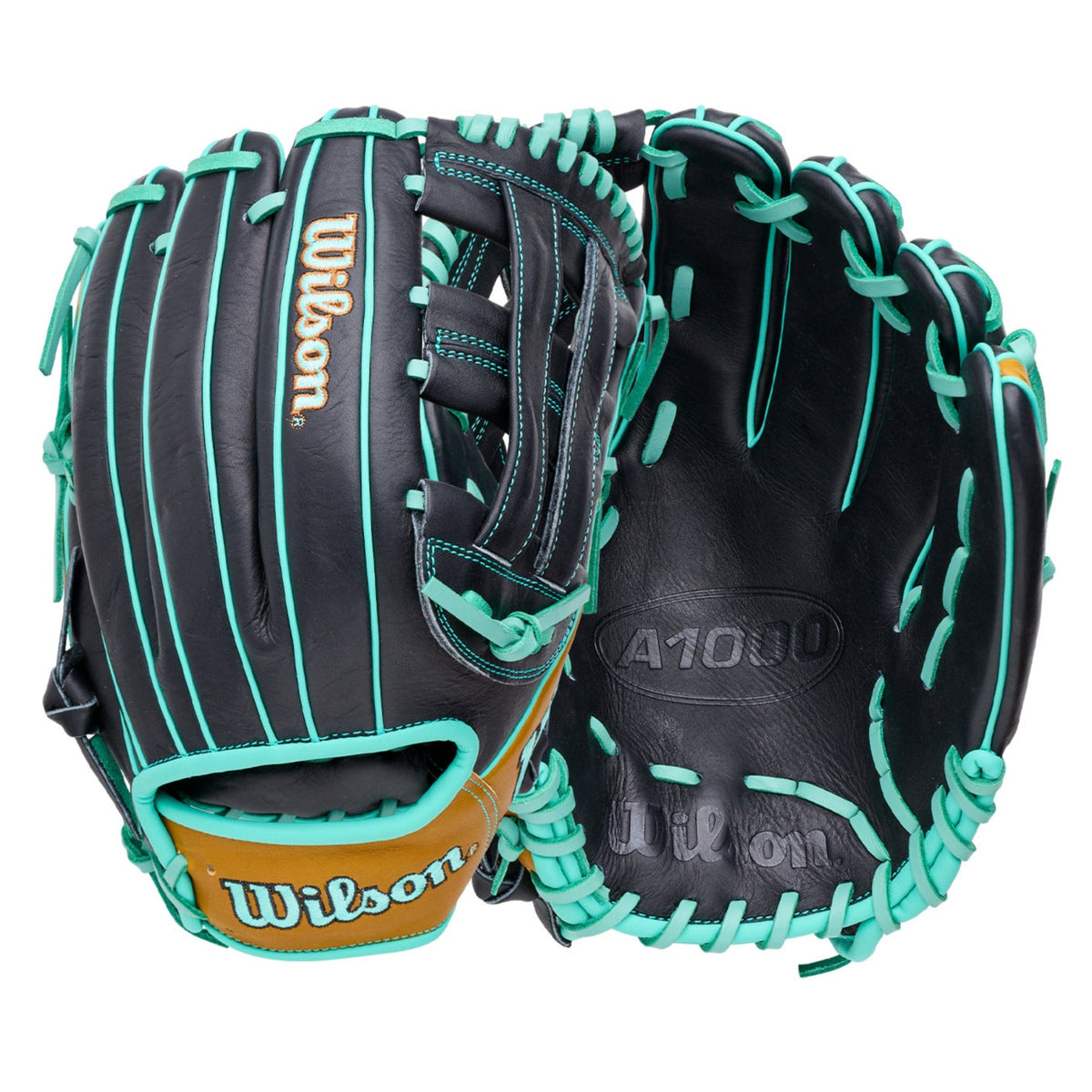 Wilson 2027 A1000 DW5 12” infield baseball glove with dual post web in black and teal, designed for right-hand throwers.