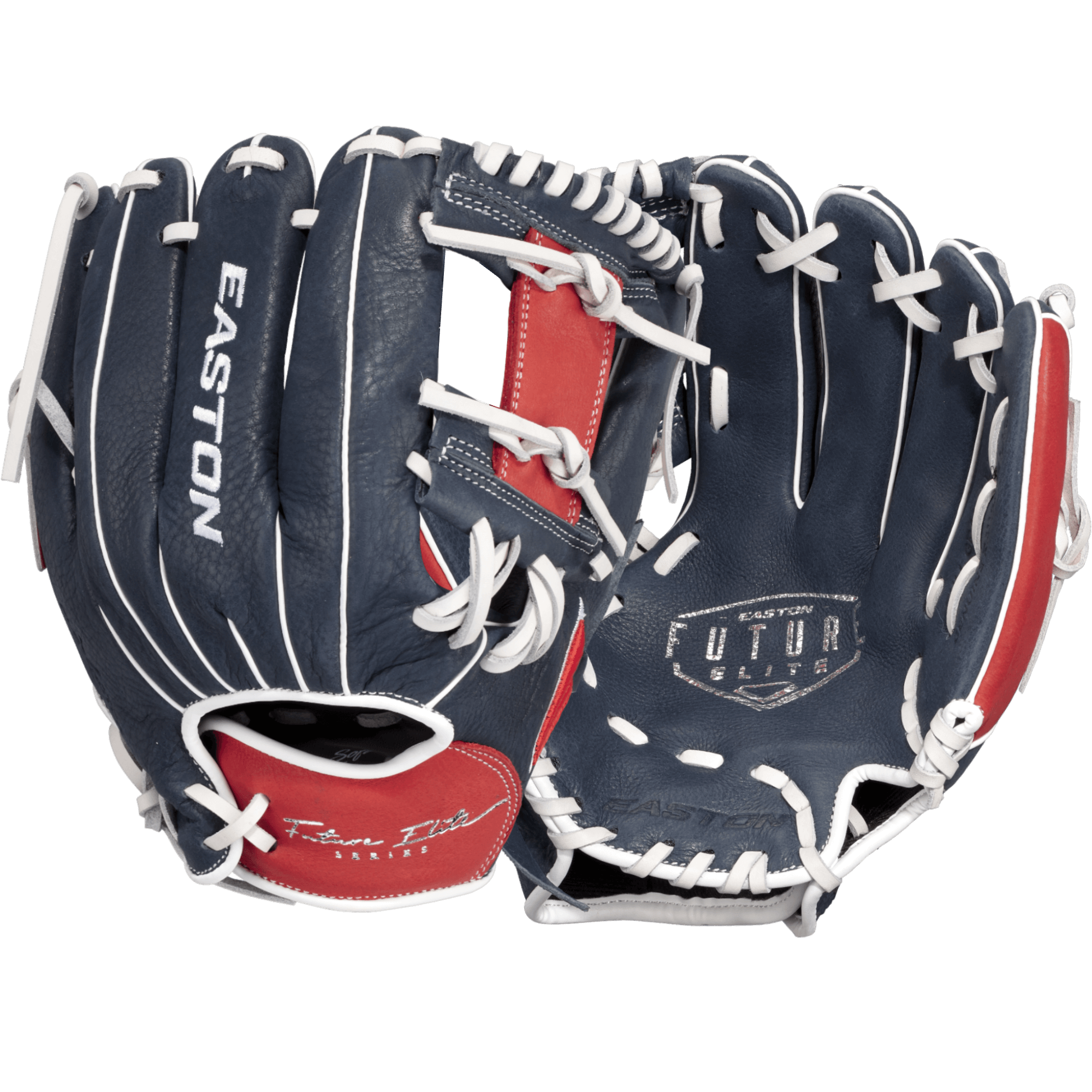 Easton Future Elite youth 11" baseball glove in navy and red, designed for young players focusing on defense.