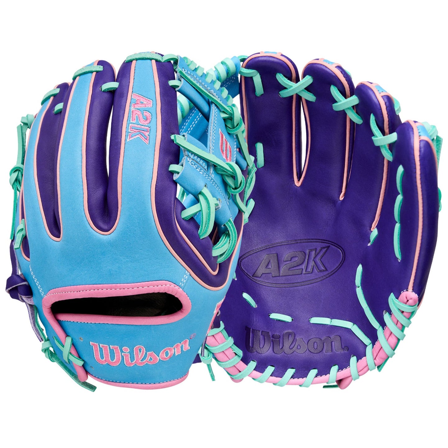 Wilson GOTM Oct 2025 A2K 1720 11.5” Glove front and back in purple, sky blue, and pink.