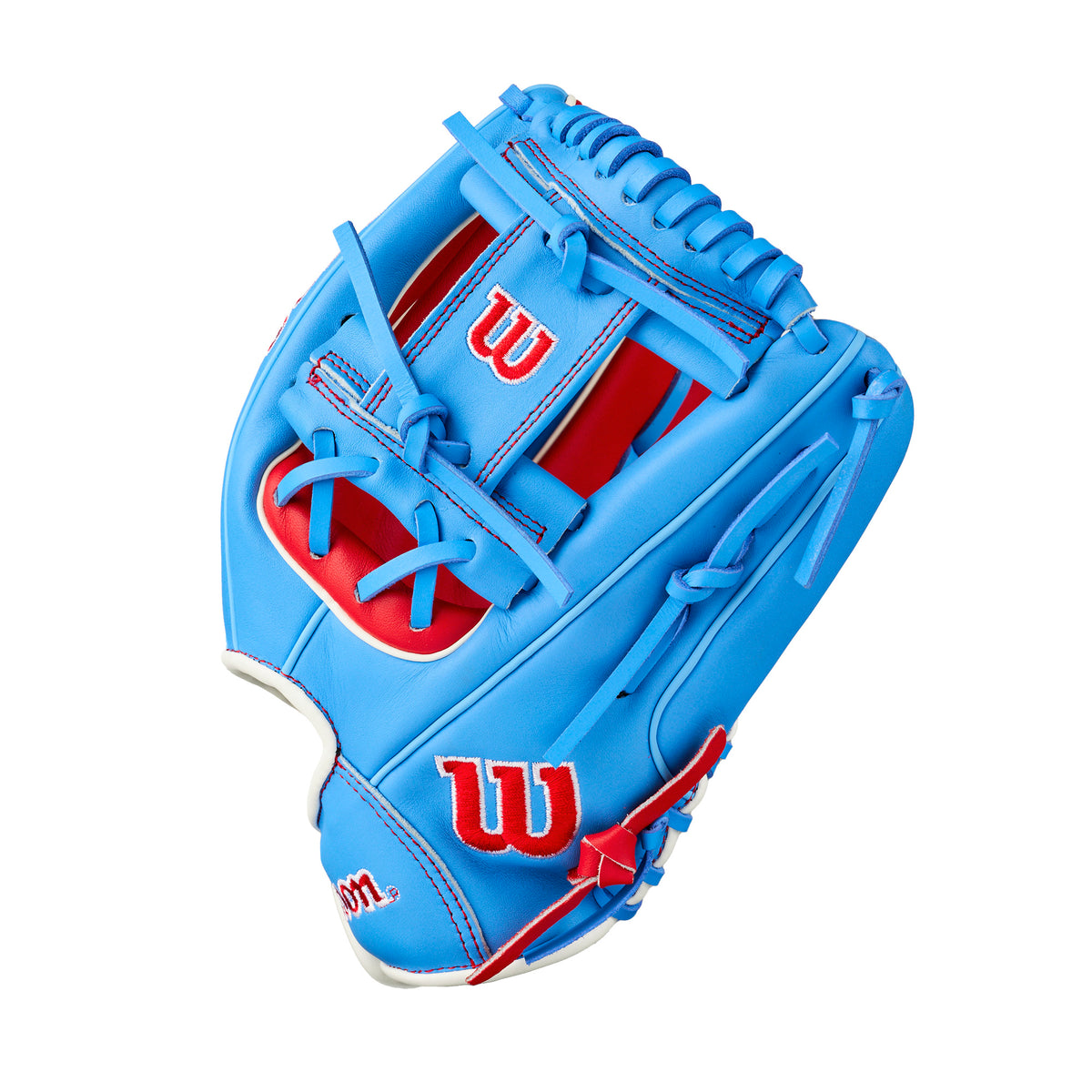 Wilson 2027 A500 11.5 Youth Infield LHT baseball glove in blue, designed for left-handed young players ages 6-10.