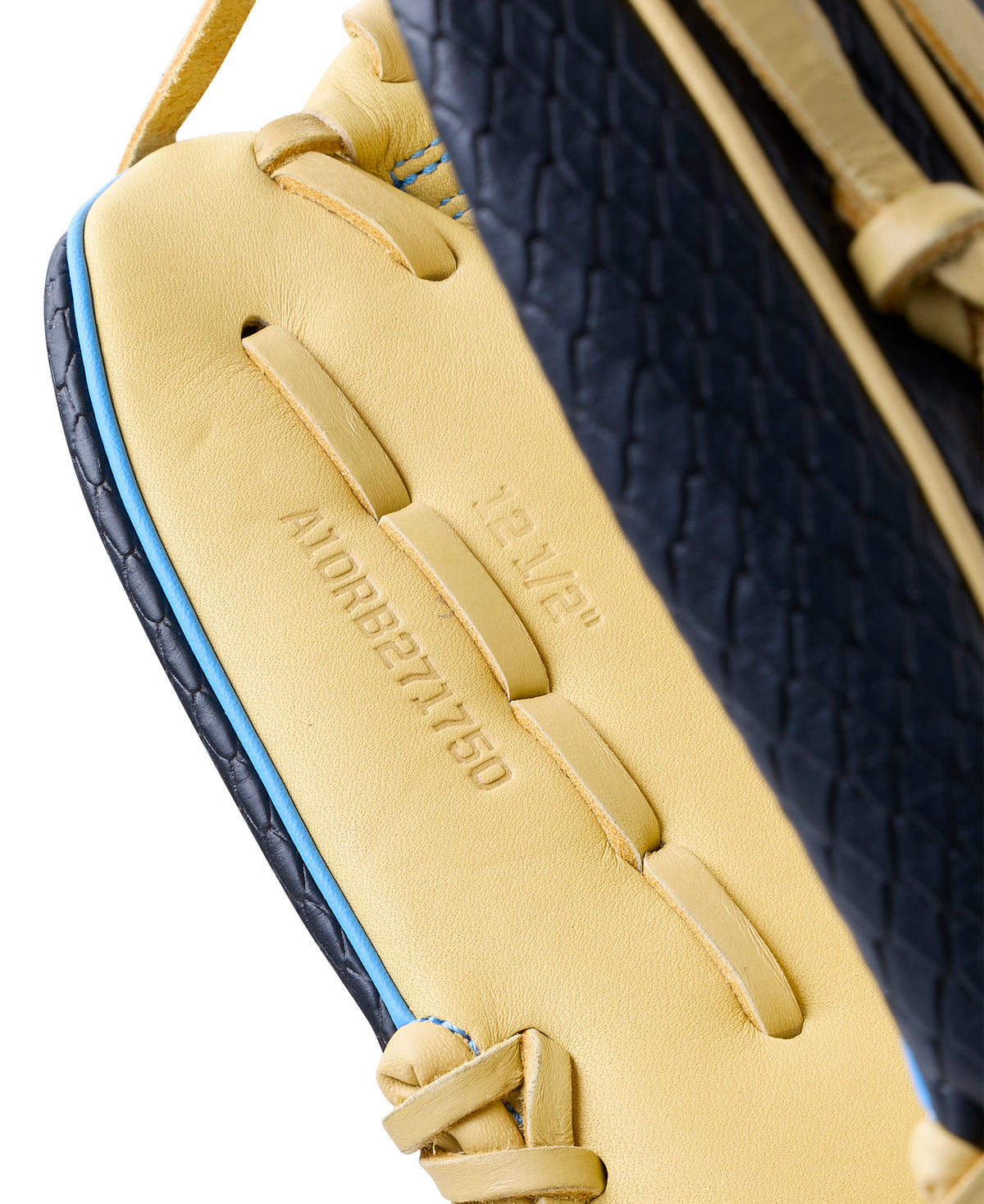 Close-up of Wilson 2027 A1000 1750SS 12.5” Outfield Baseball Glove LHT leather detailing.