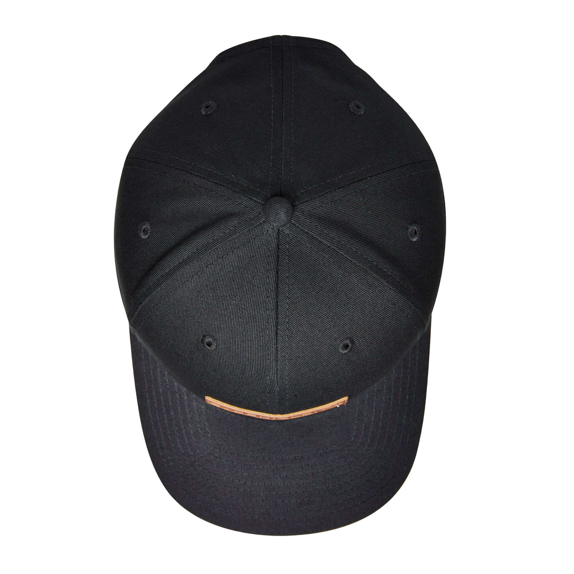 Evoshield Mocha Patch Leather Back cap in black, showcasing a sleek design with a leather patch and adjustable leather back.