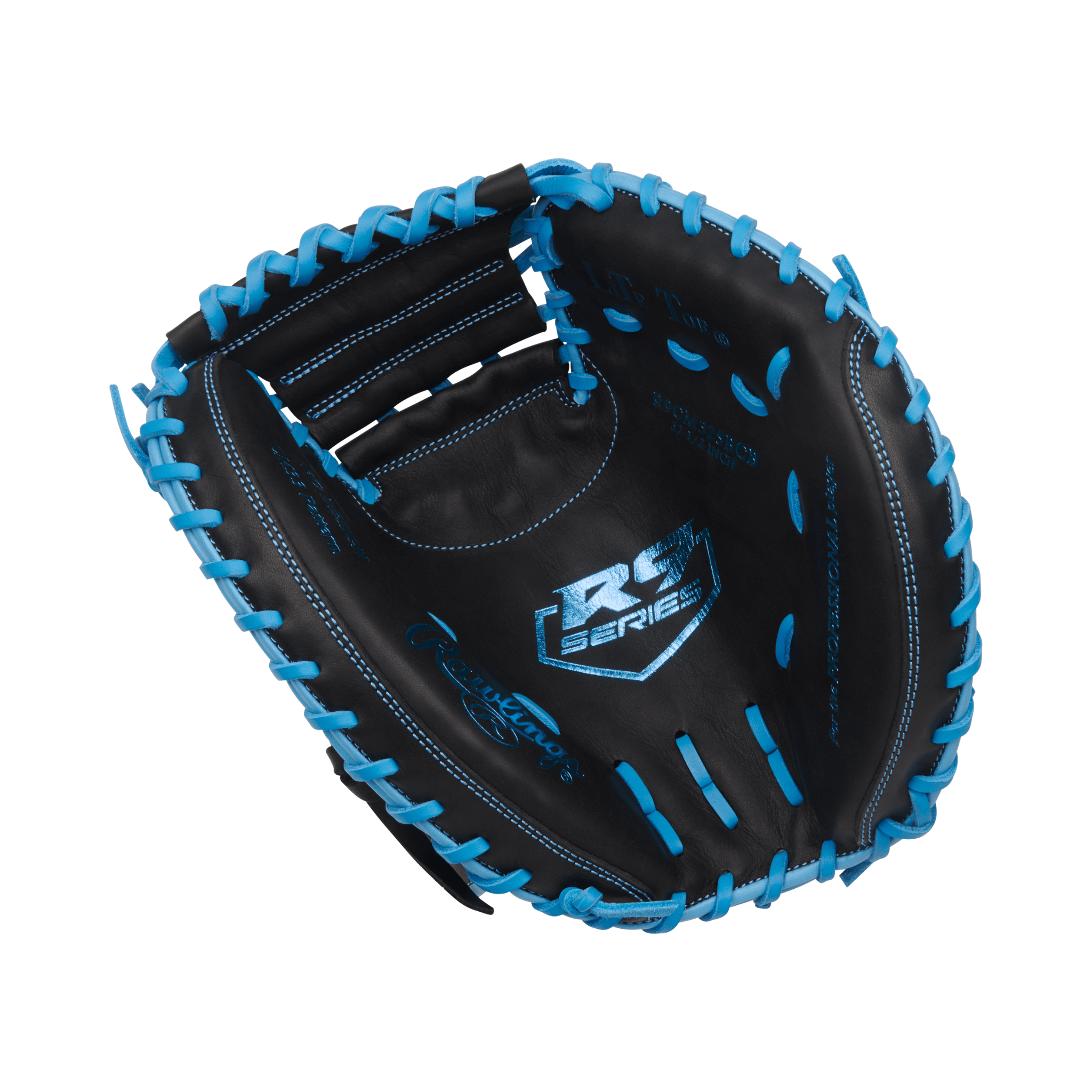 Rawlings R9 Catcher's Mitt 32.5" black and blue, designed for performance and comfort behind the plate.