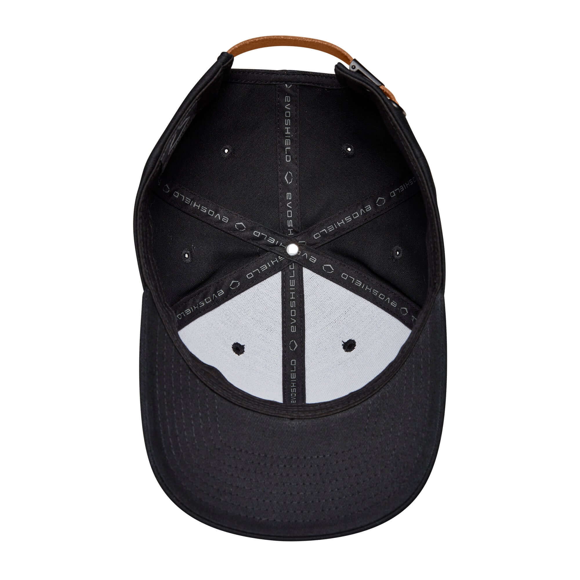 Inside view of Evoshield Mocha Patch Leather Back cap, showcasing black fabric and leather strap for adjustable fit.