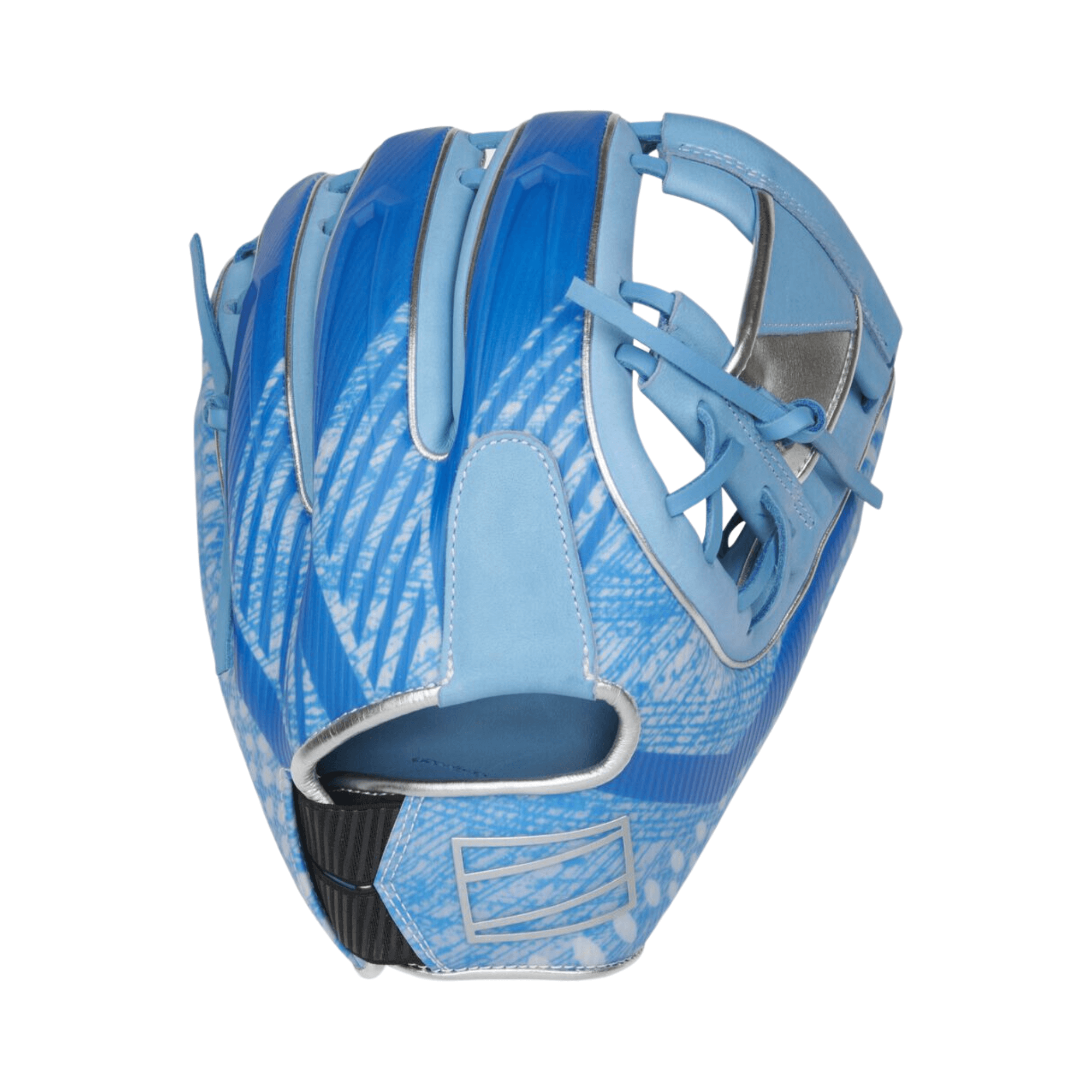 Rawlings REV1X 11.75-inch baseball glove in blue and white with silver accents and 3D-printed lattice design.