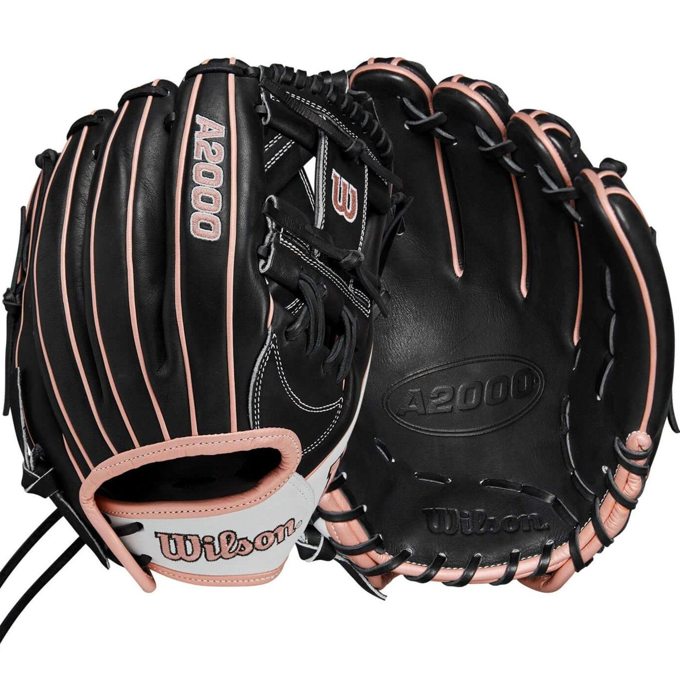 Wilson A2000FP H12 12-inch infield glove in black and rose gold, featuring Pro Stock leather and H-Web construction.