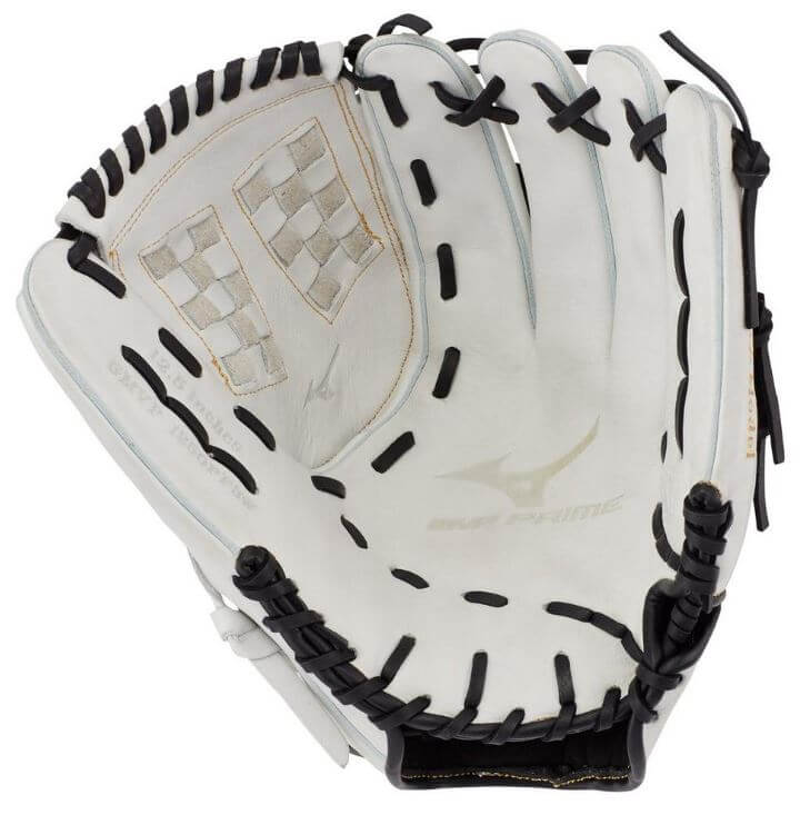 Mizuno MVP Prime FB 12.5 LH softball glove with white Bio Soft Leather and Center Pocket Design for optimal performance.